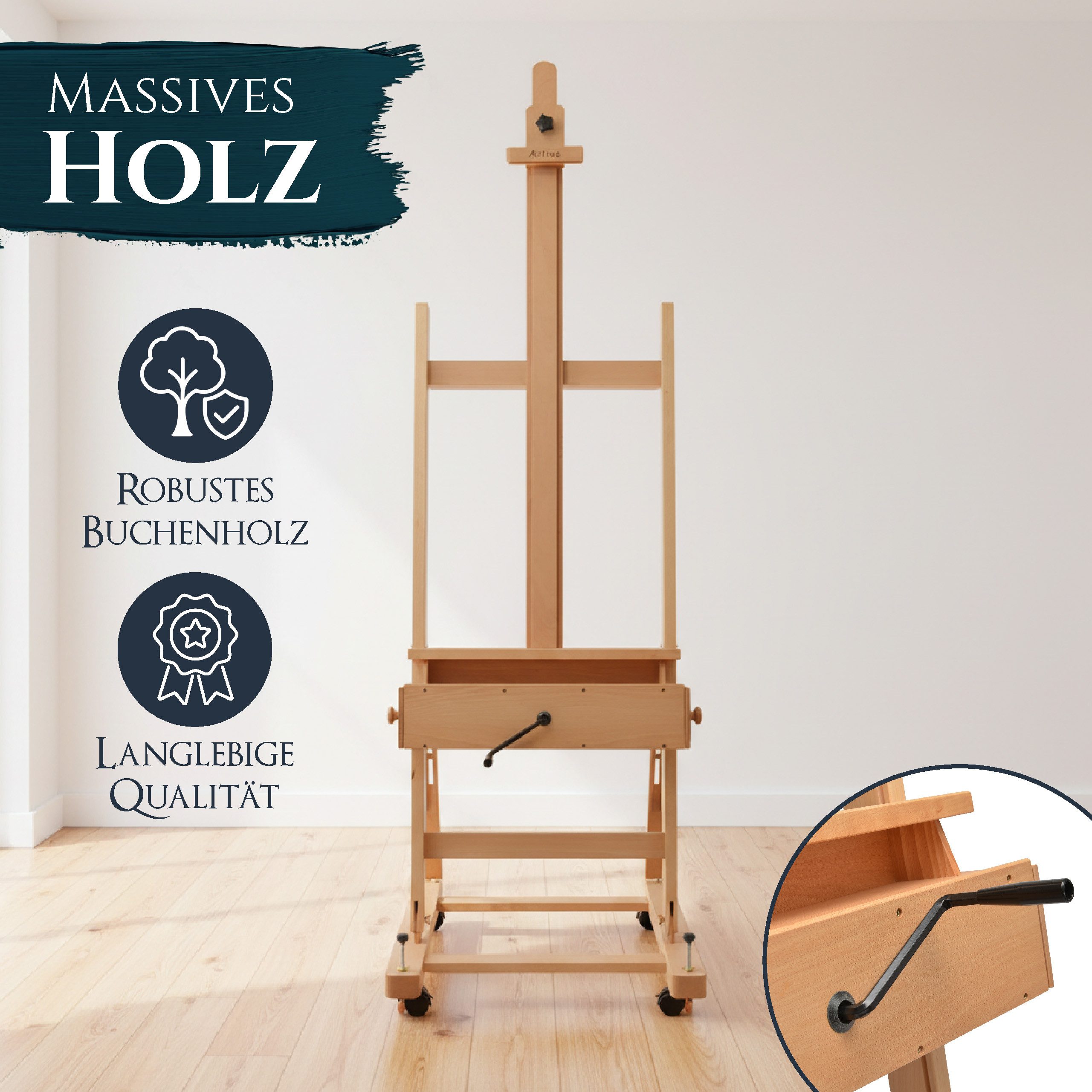 Artina Staffelei Staffelei Holz Profi Atelierstaffelei für Keilrahmen bis 210cm, rollbare Studiostaffelei aus massivem Buchenholz