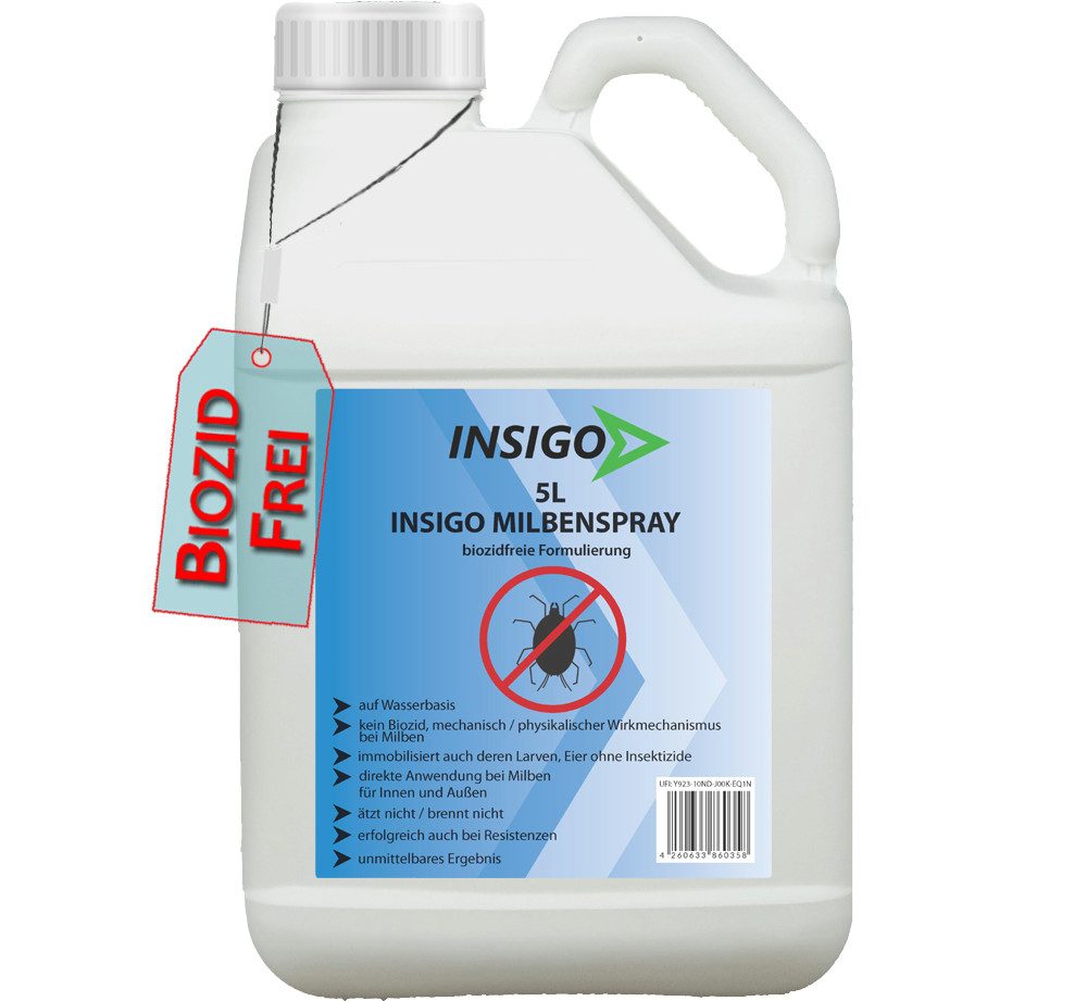 INSIGO Insektenspray Anti Milben-Spray Milben-Mittel Ungezieferspray, 5 l, biozidfreie Formel, auf Wasserbasis, geruchsarm, brennt / ätzt nicht