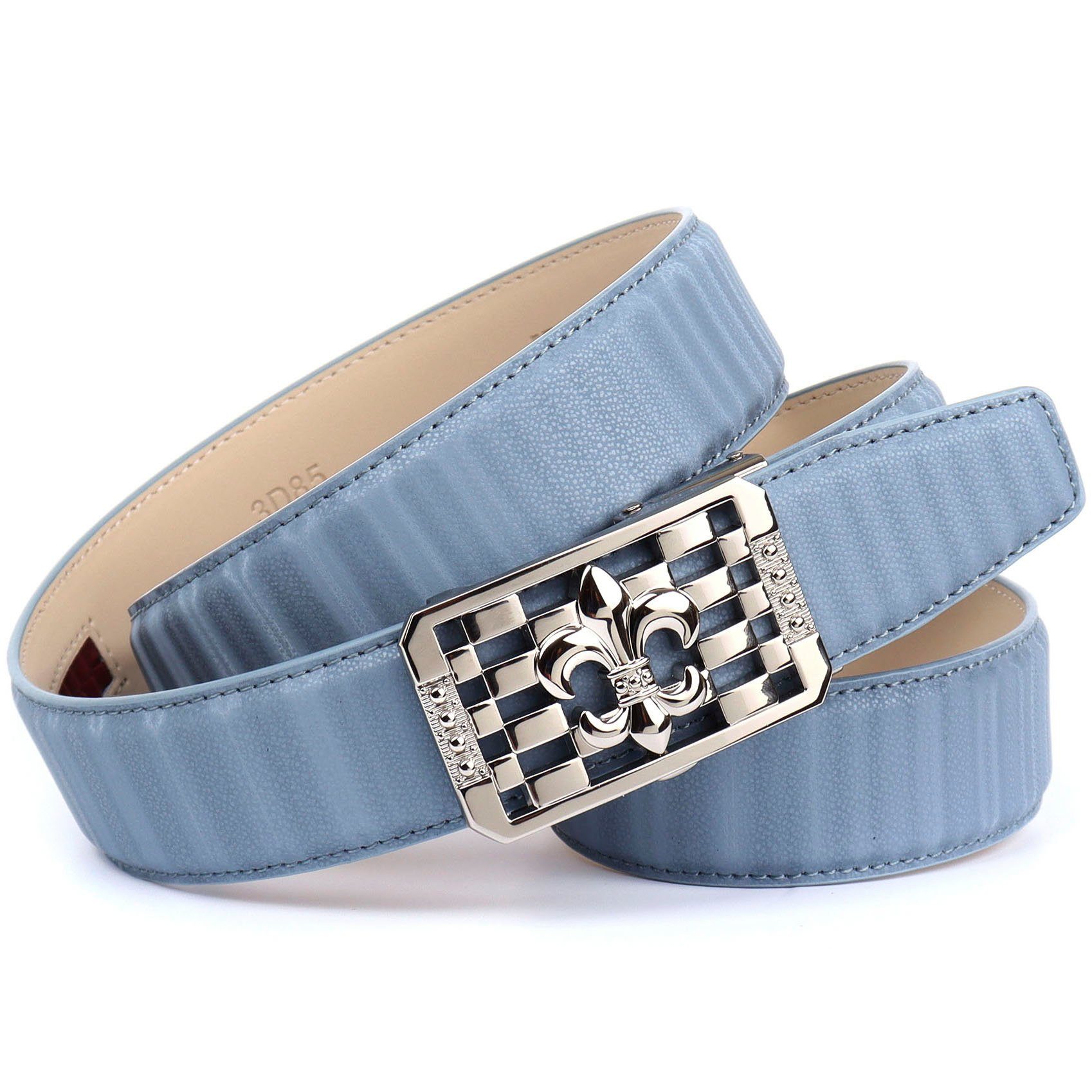 Anthoni Crown Ledergürtel mit silberfarbener stilisierter Lilien-Schnalle hellblau | Gürtel
