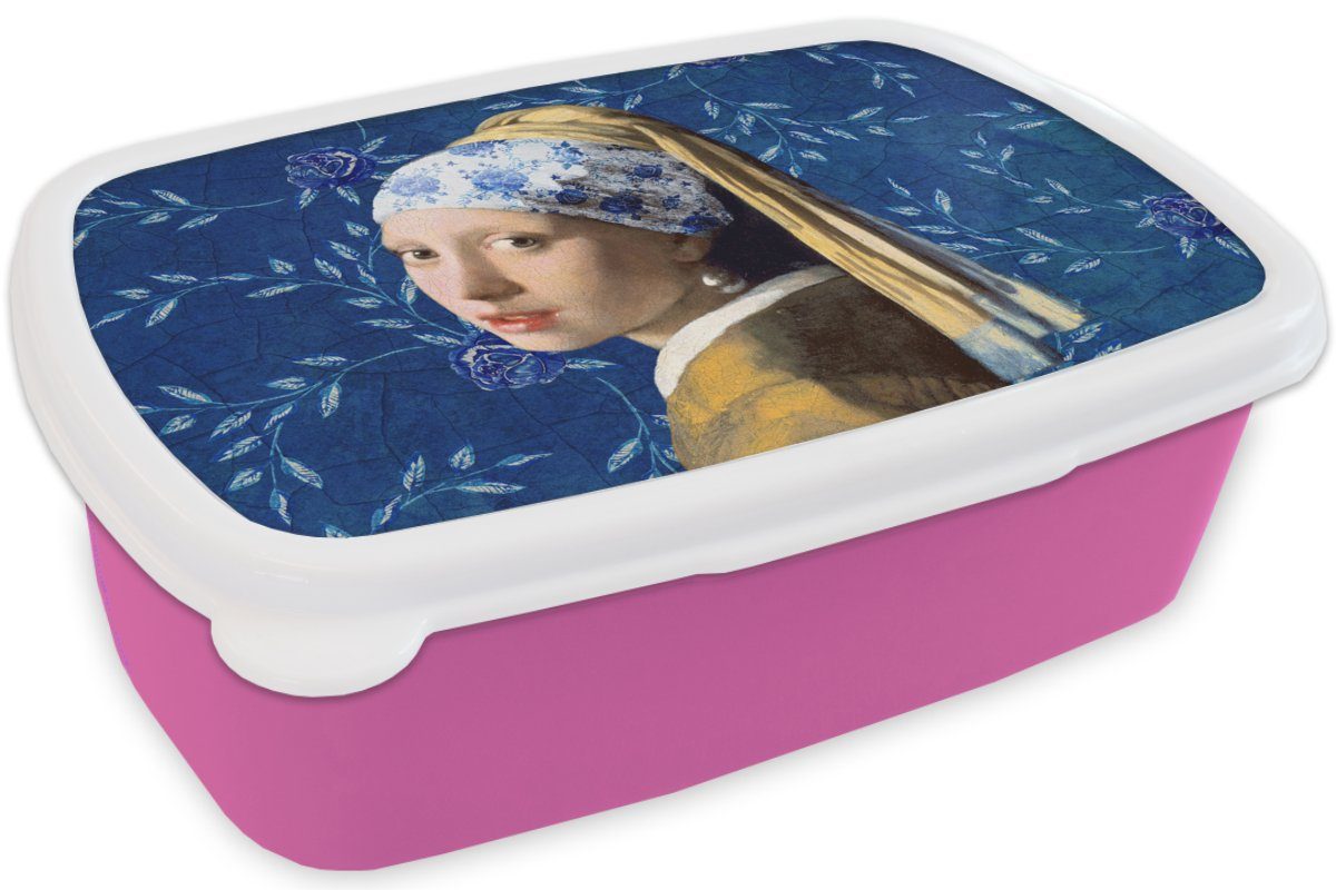 Mädchen - Mädchen, Snackbox, Blumen für Blau - Vermeer (2-tlg), Lunchbox Kinder, Gemälde, Kunststoff, - rosa Kunststoff mit Perlenohrring Delfter - MuchoWow Brotbox Erwachsene, Brotdose