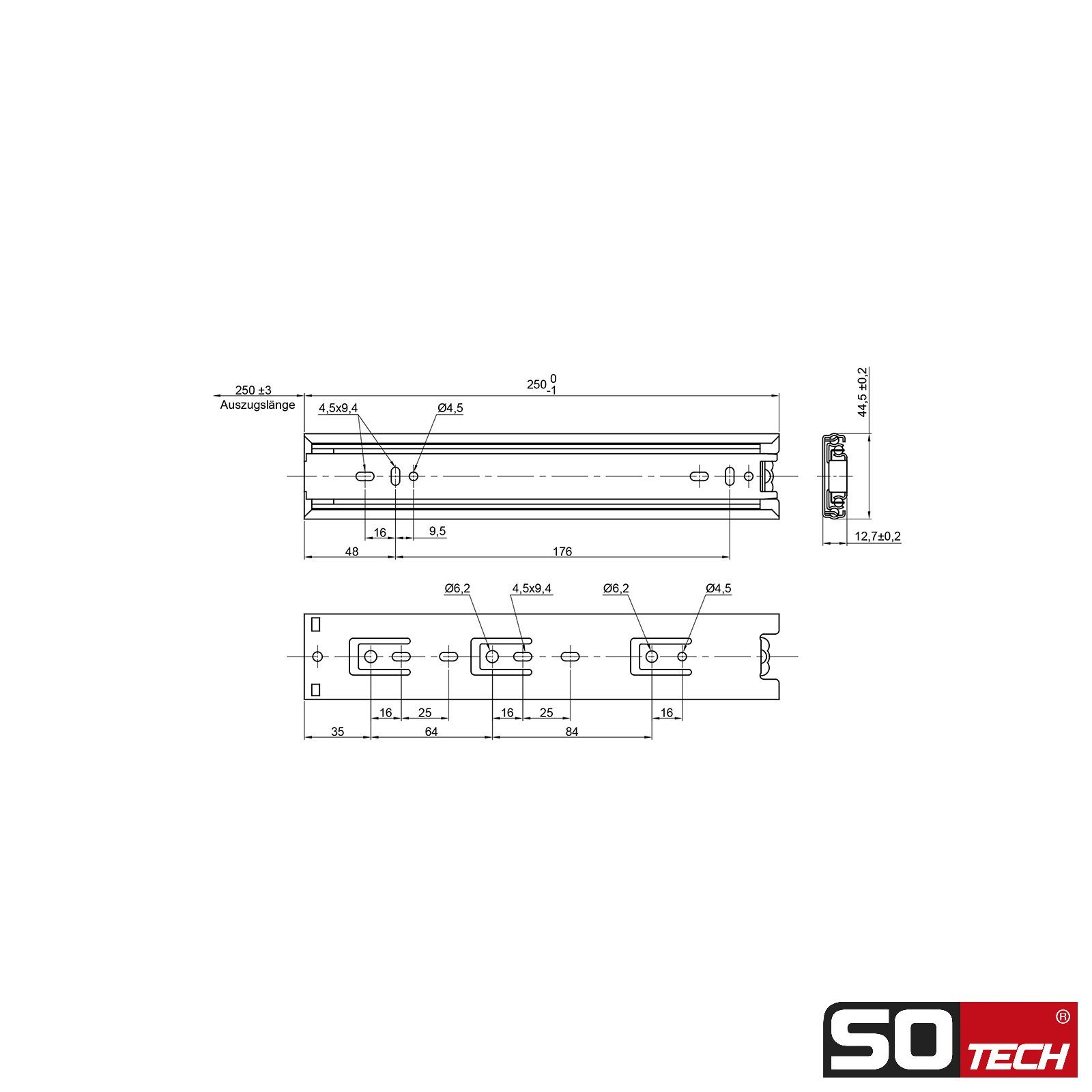 SO-TECH® Auszug Vollauszüge KV-35-H45-NF-MS Traglast 250 mm, Paar kg, 1 Schraubenset inkl. Länge 35