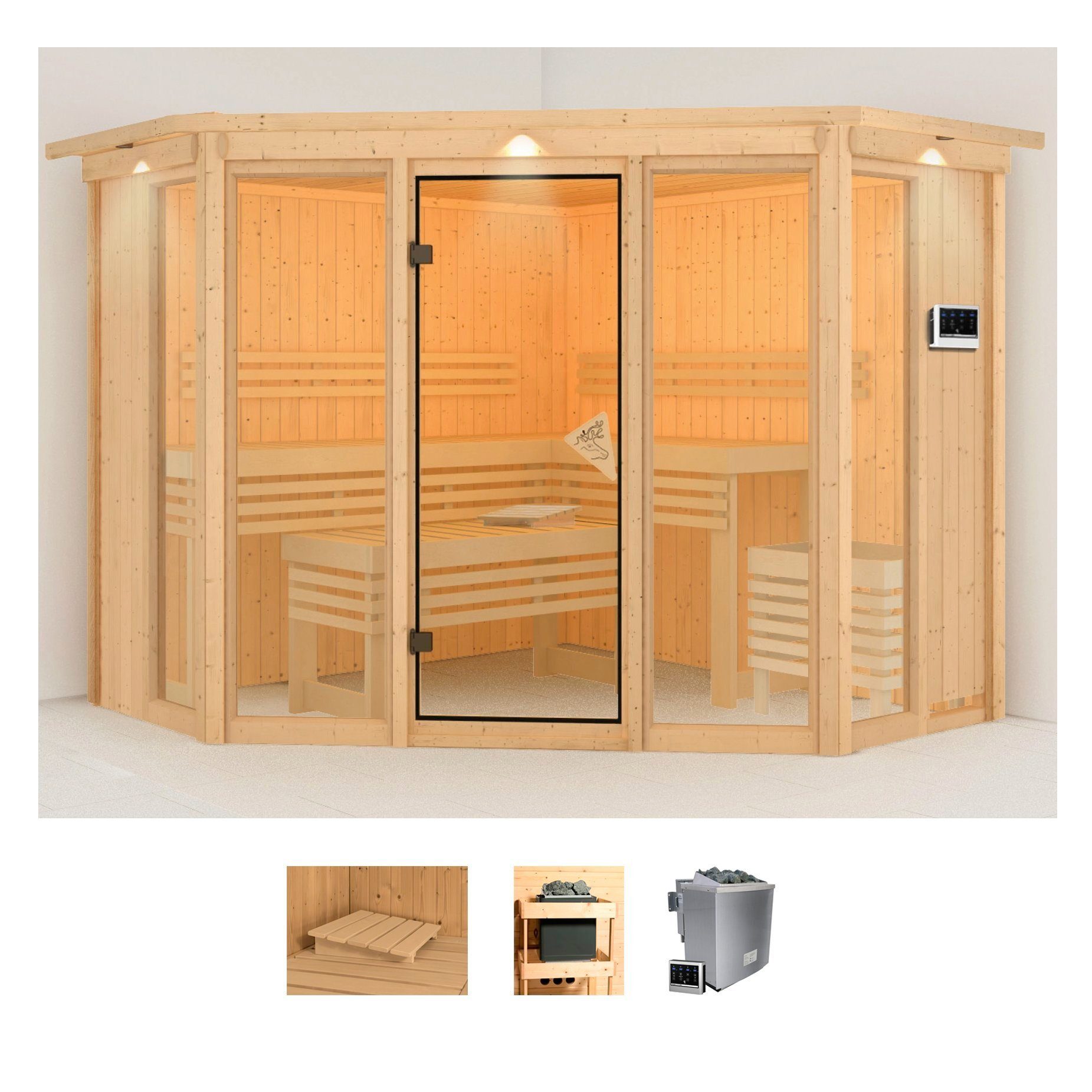 Karibu Sauna Astrid 2, BxTxH: 245 x 245 x 202 cm, 68 mm, (Set) Ofen 9 kW Bio externe Strg easy