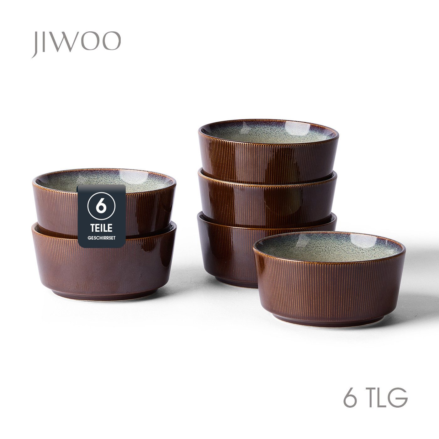 JIWOO Salatschüssel 4/6er Ø15,3cm, Müslischüssel Suppenschüssel Suppenschale Dessertschale, Keramik, (Set, 6-tlg), Bowl, Hochwertiges Schüssel Braun Mikrowellen spülmaschinenfest