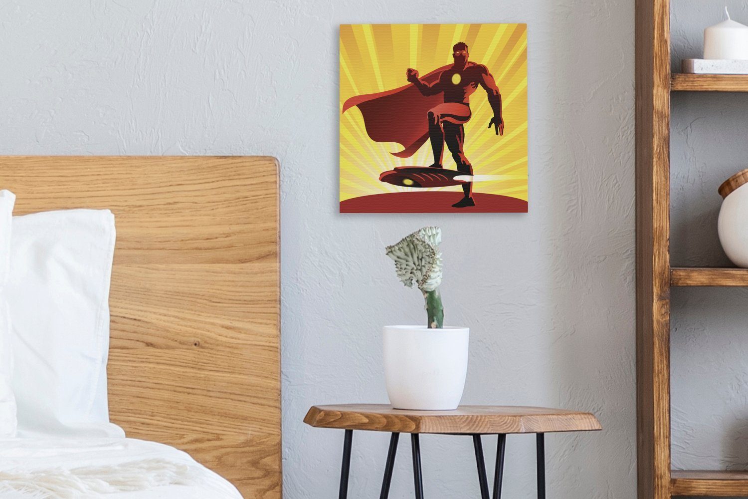 Schlafzimmer Bilder -, (1 St), Leinwandbild Superhelden Leinwand Eine Wohnzimmer eines roten Augen OneMillionCanvasses® - mit Jungen Junge für - Illustration