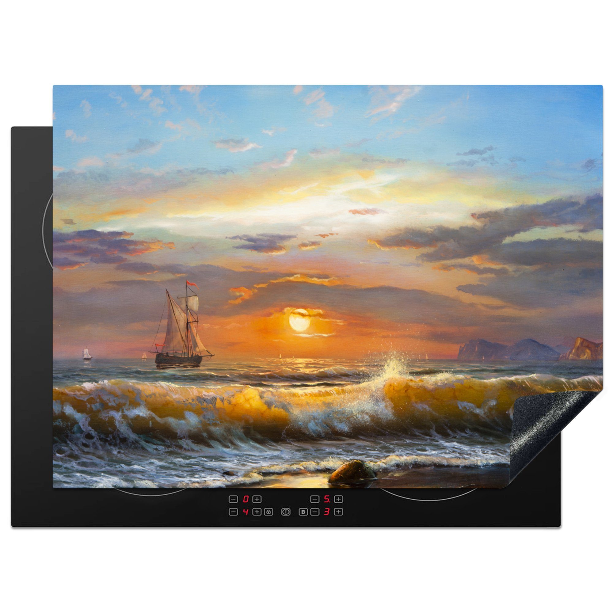 MuchoWow Herdblende-/Abdeckplatte Malerei - Wasser - Segelboot - Ölfarbe, Vinyl, (1 tlg), 70x52 cm, Mobile Arbeitsfläche nutzbar, Ceranfeldabdeckung