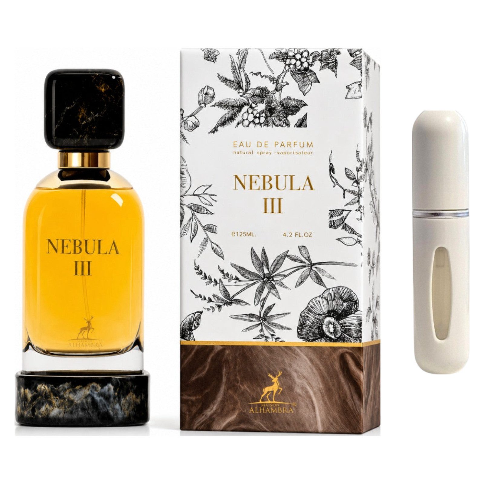 Maison Alhambra Duft-Set Nebula III EDP – Orientalisch Blumig + Parfümzerstäuber (leer)