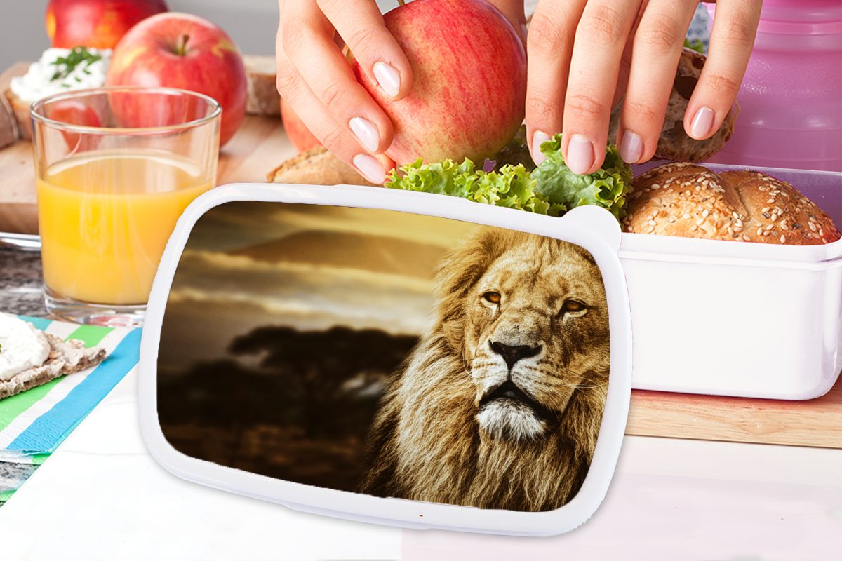 MuchoWow Lunchbox Wildes Tier und Mädchen Brotdose, Kinder (2-tlg), - Brotbox für Erwachsene, Jungs und - Kunststoff, weiß für Afrika, Sonnenuntergang