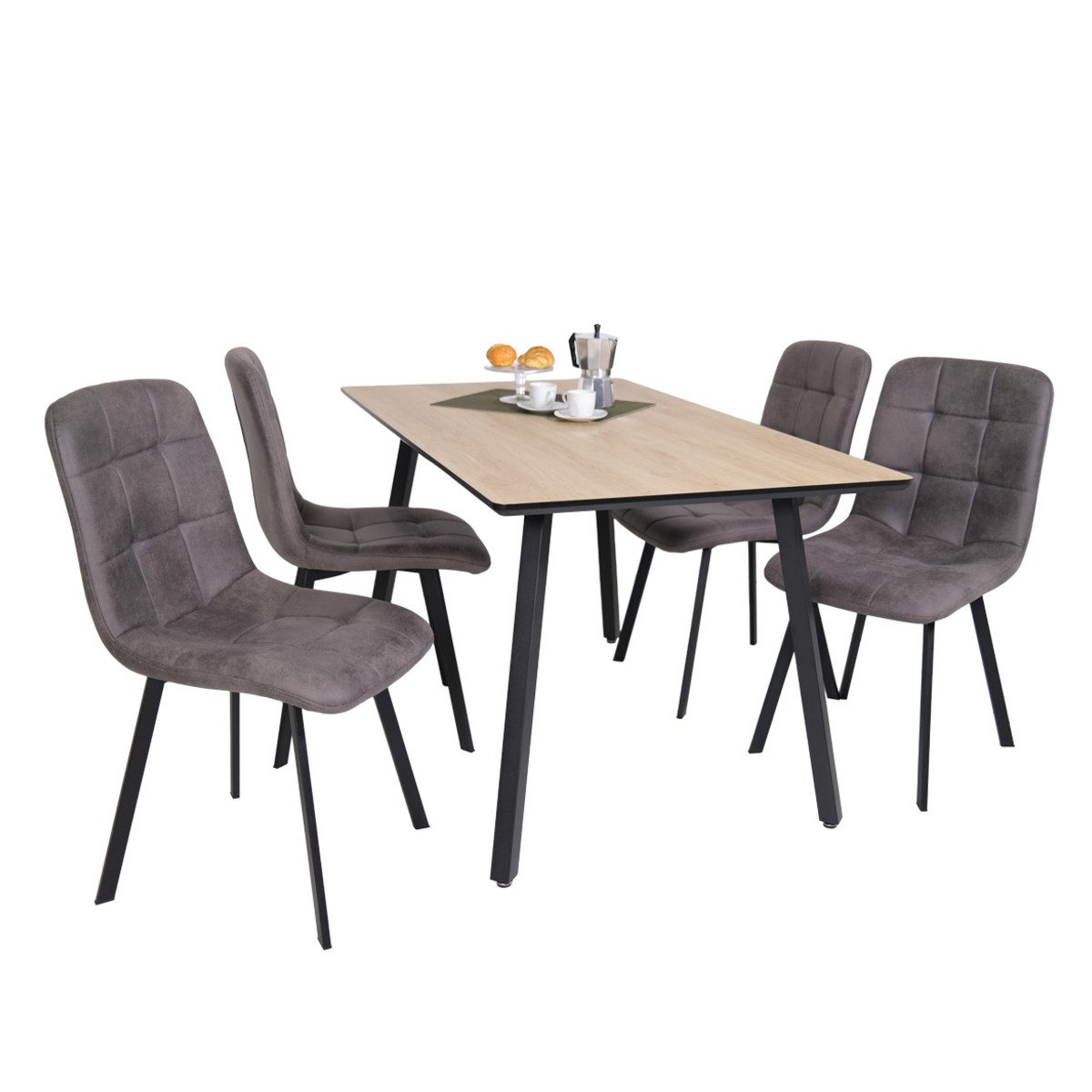 Liadomo Essgruppe Lissabon, (5-tlg., 1 Tisch, 4 Stühle), Sitzgruppe, Eiche Nachbildung, Leder-Optik, 4-Fuß-Metallgestell
