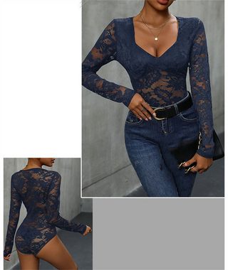 AFAZ New Trading UG Langarmbody Spitzen-Patchwork-Jumpsuit mit quadratischem Ausschnitt Sexy Langarm-All-in-One-Top
