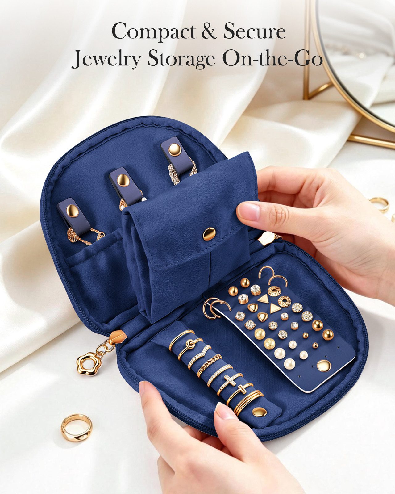 Fintie Schmuckkasten Reise Schmuckkästchen Samt-Schmuckbeutel mit 4 Fächern für Schmuck, tragbare kleine Schmucktasche für Ohrringe,Halsketten,Ringe,Armbänder – Bild 3 von 5
