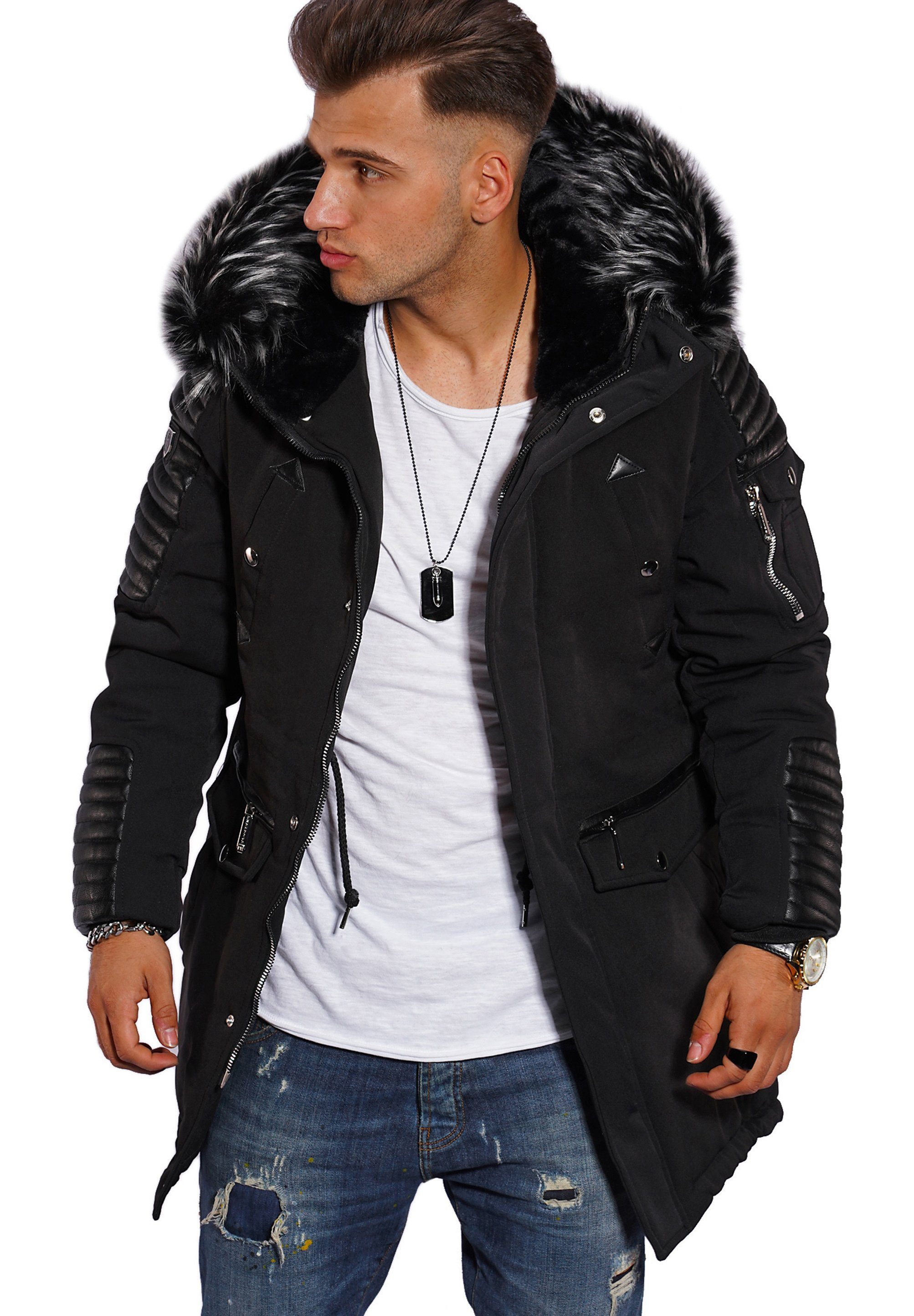 Style-Division Parka S2HOLMSBU Parka Lang Puffer Jacke mit Kapuze & Kunstfell Schwarz-Black