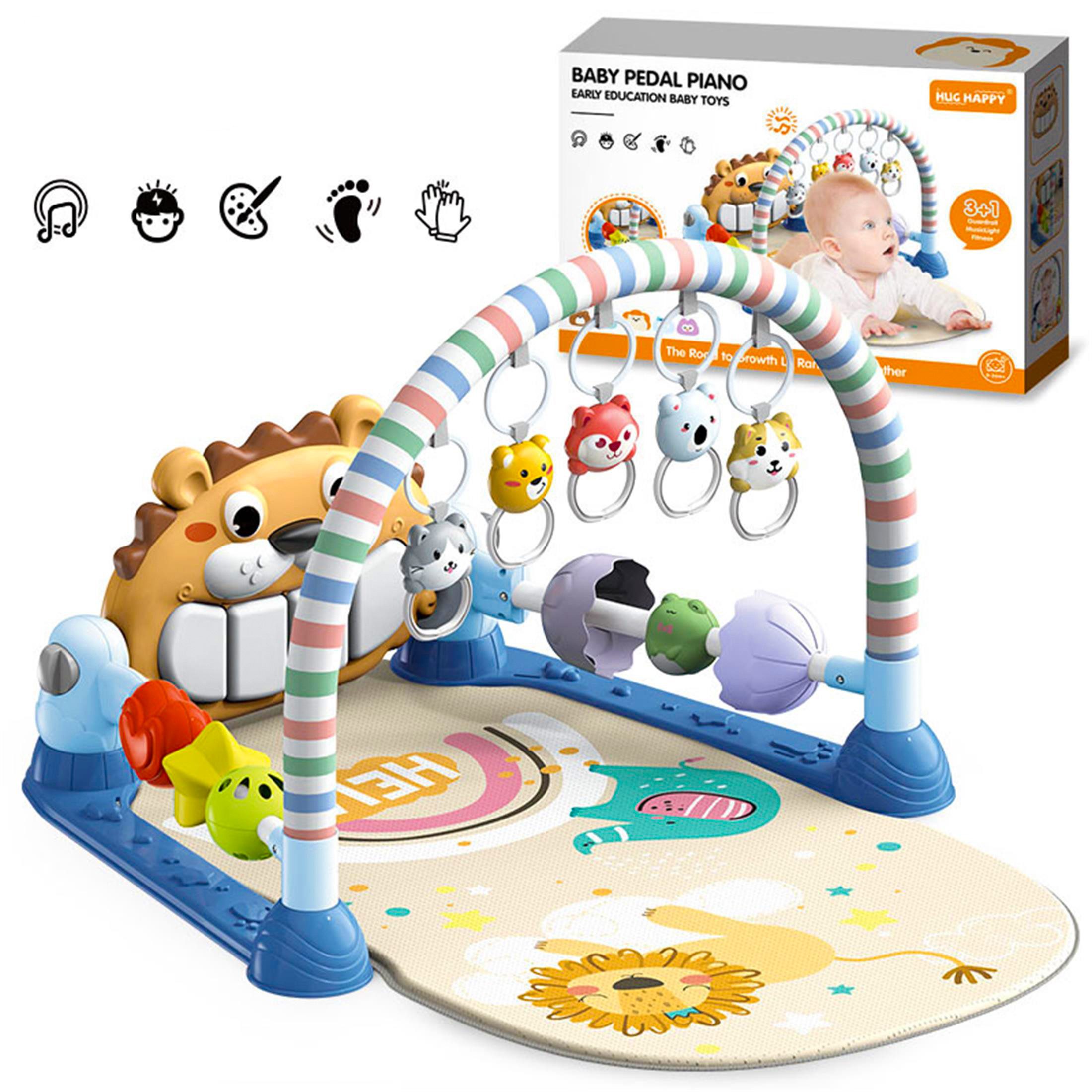 Fyrove Spielmatte Baby Spielmatte mit Spielbogen, Tretklavier, Musik und Licht (Schutzbügel, Rasseln und Greifringen, verstellbares Klavier, Aktivitätscenter für Babys in Rücken- und Bauchlage zum), Spielen und Entdecken
