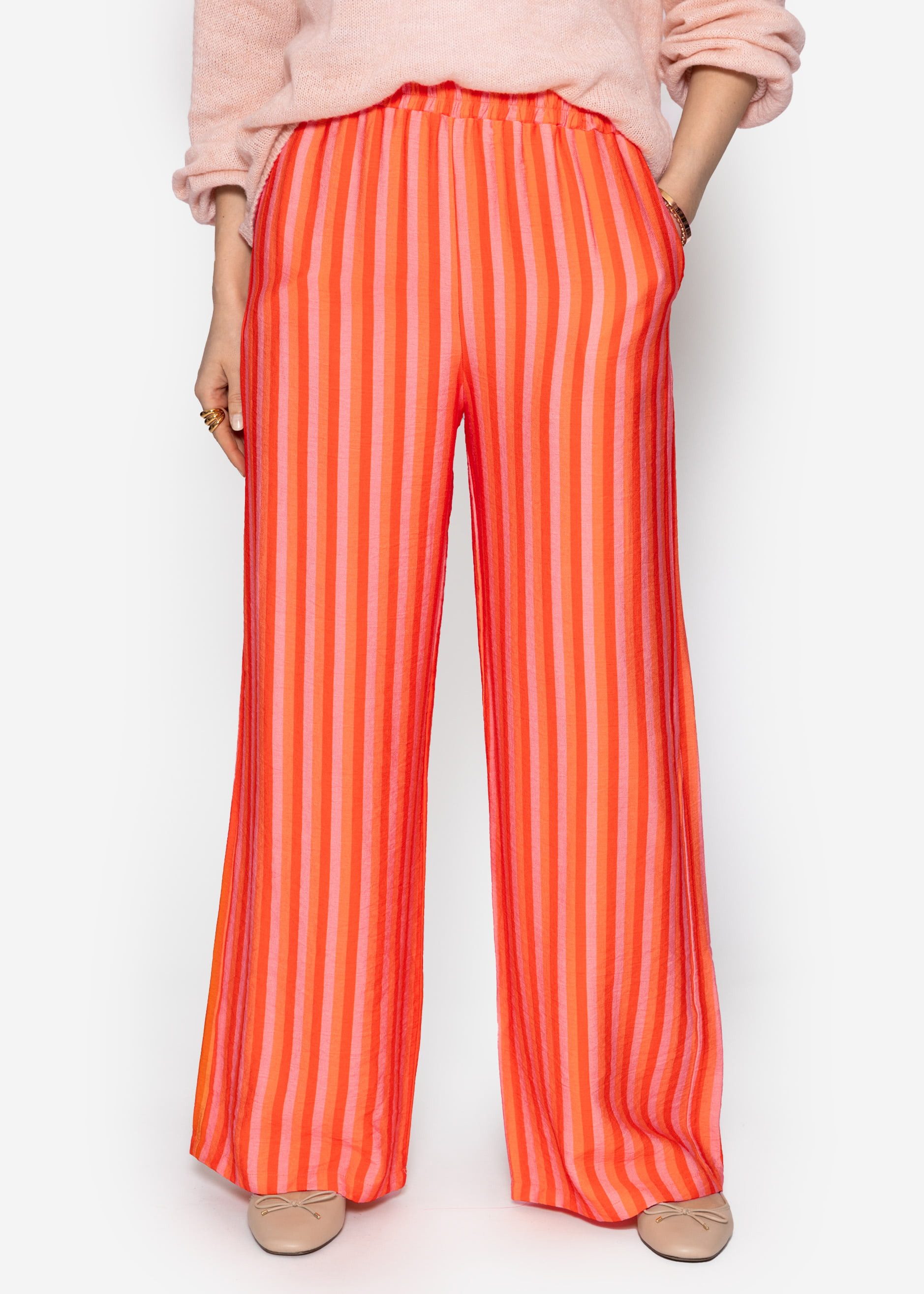 SASSYCLASSY Stoffhose Gestreifte Hose aus Viskose für Damen Lockerer Mid-Waist Hose mit seitlichen Taschen und elastischem Bund