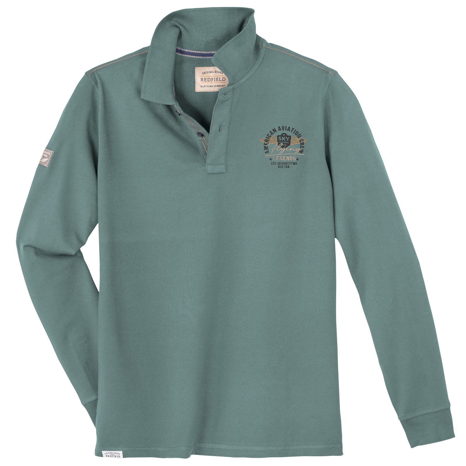 redfield Langarm-Poloshirt Redfield XXL Langarm-Poloshirt mintgrün Brustprint
