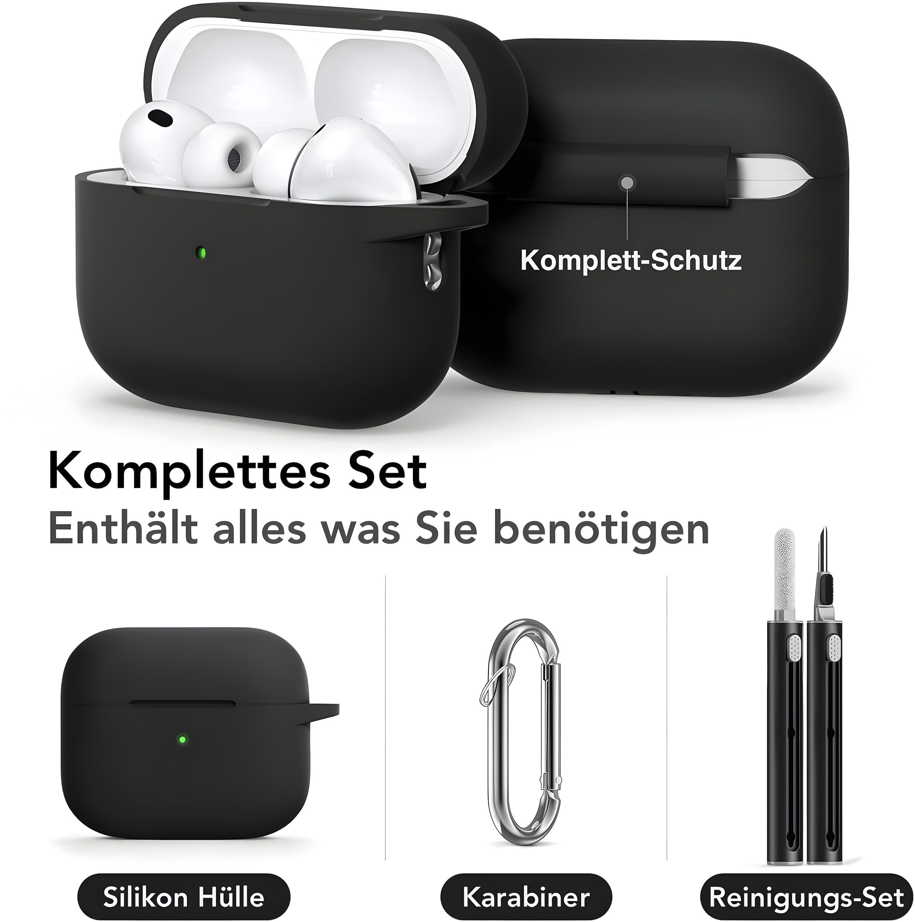AVANA Kopfhörer-Schutzhülle Hülle für Apple AirPods Pro 3 (2025) Schutzhülle Silikon 360° Case, Cover, Slim Fit, 3. Generation, Reinigungsset, Schwarz