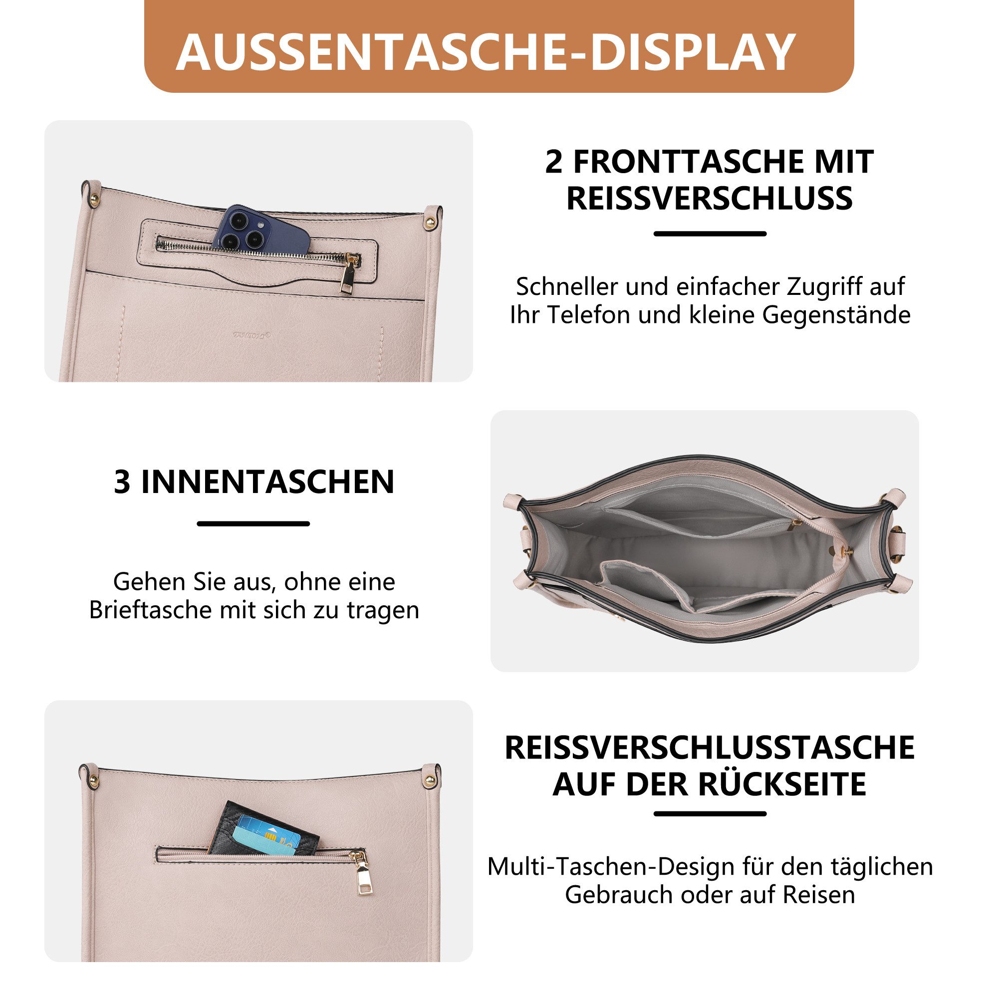TAN.TOMI Umhängetasche Damen Handtasche mittelgroß Crossbody Bag multi pochette tasche, Damenhandtasche mit Verstellbar Breitem Schultergurt – Bild 4 von 5