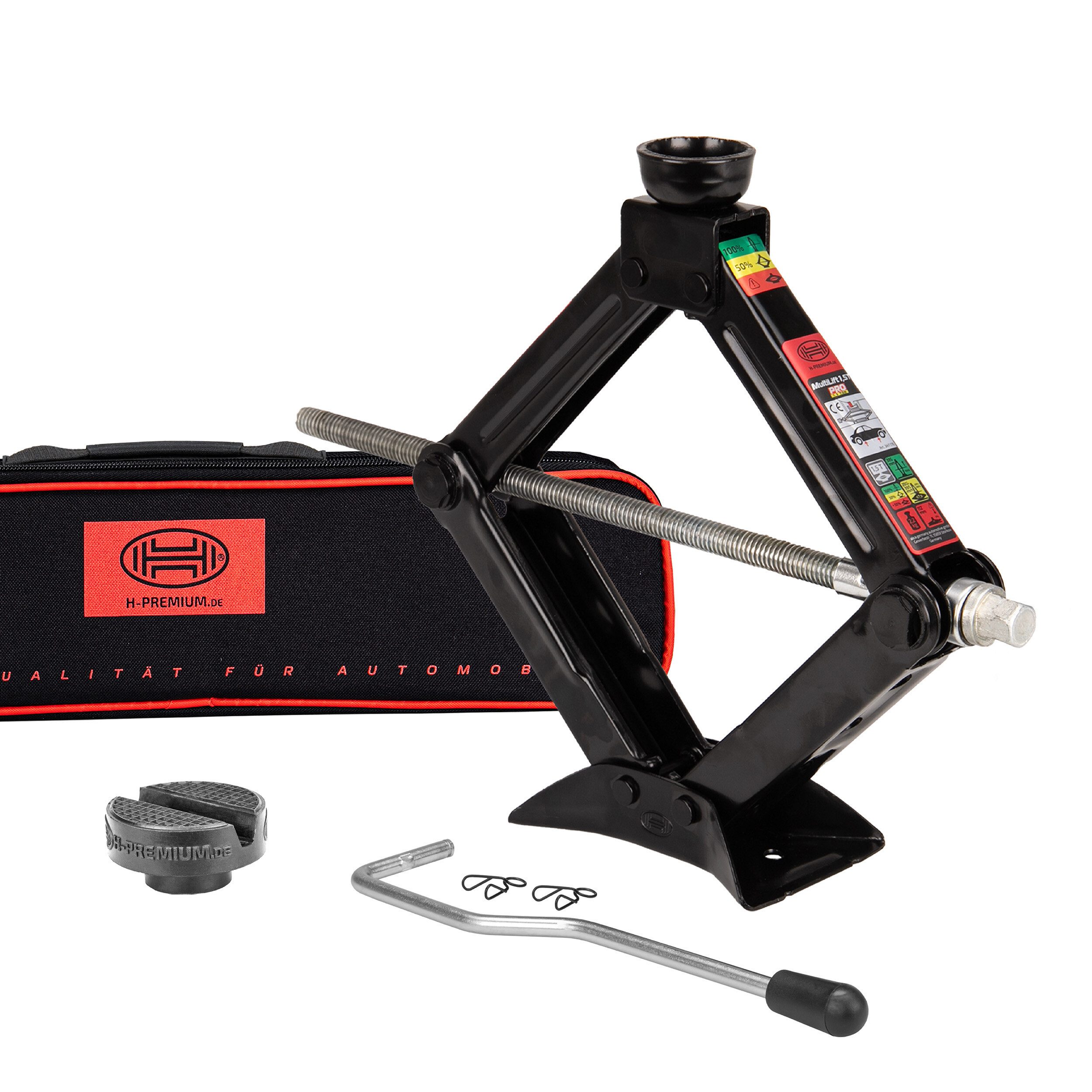 HEYNER Wagenheber Scherenwagenheber runder Sattel 1,5t + Kurbel + Gummipad austauschbar, max. Hubhöhe: 39.5 cm, 1-tlg., Premium Universal Gummiauflage