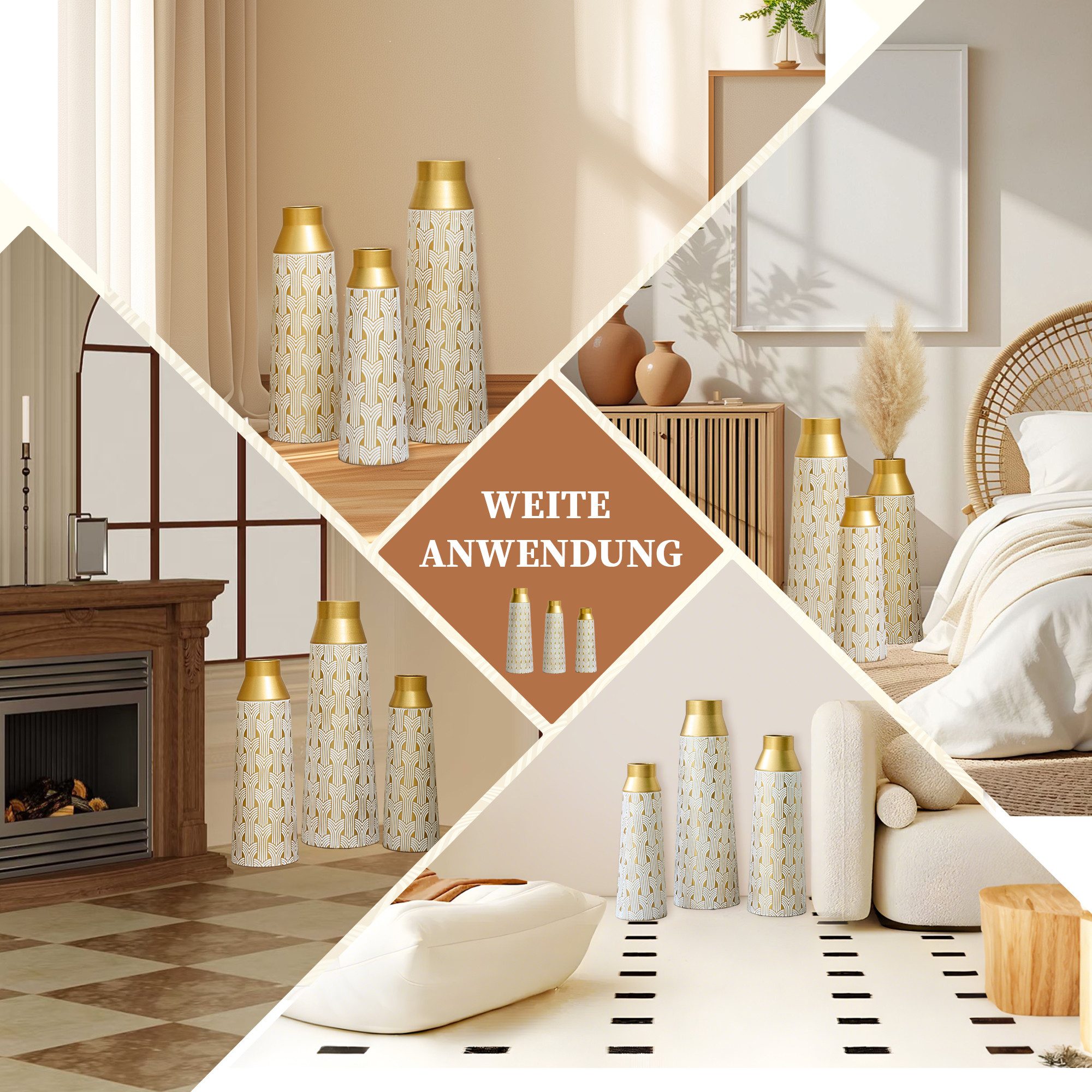 KLAM HOME Bodenvase Große Bodenvase 3er Set aus Metall, (50/65/83 cm), Mid-Century Modern (Dekovase Boden bis zur Decke reichende Vase, hohe dekorative Vase), Vintage Deko, Dekorative Vase für Wohnzimmer, Flur und Schlafzimmer