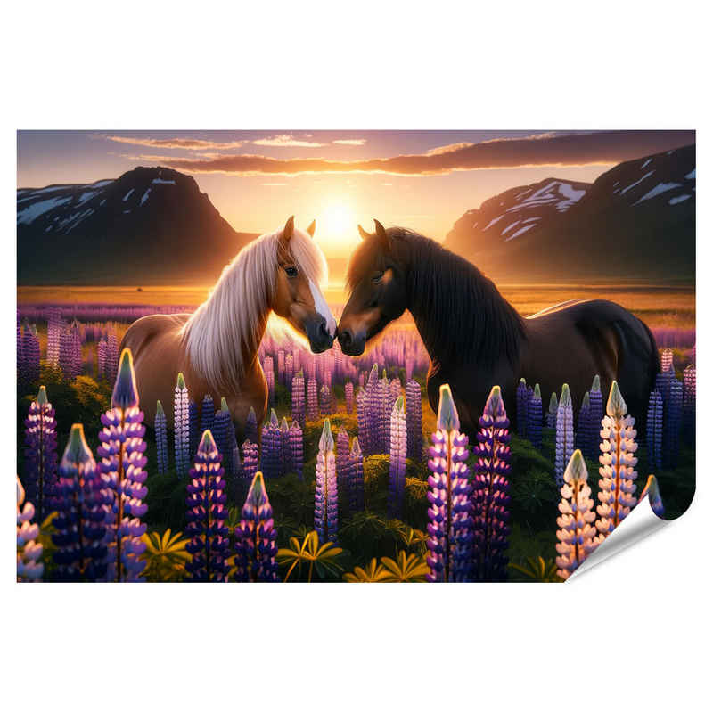 islandburner Poster Zwei Pferde im lila Blütenmeer beim Sonnenuntergang - Eine Szene der V