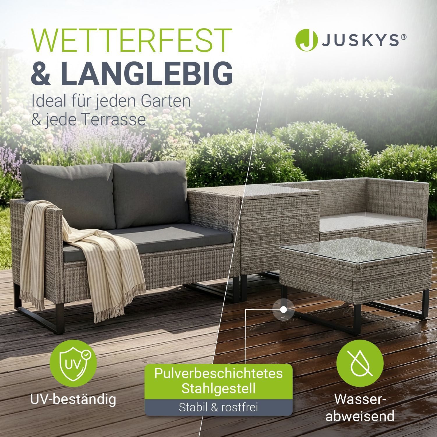 Juskys Gartenlounge-Set Santorini, (4-tlg), Polyrattan Sitzgruppe mit Beistelltisch & Auflagenbox, wetterfest