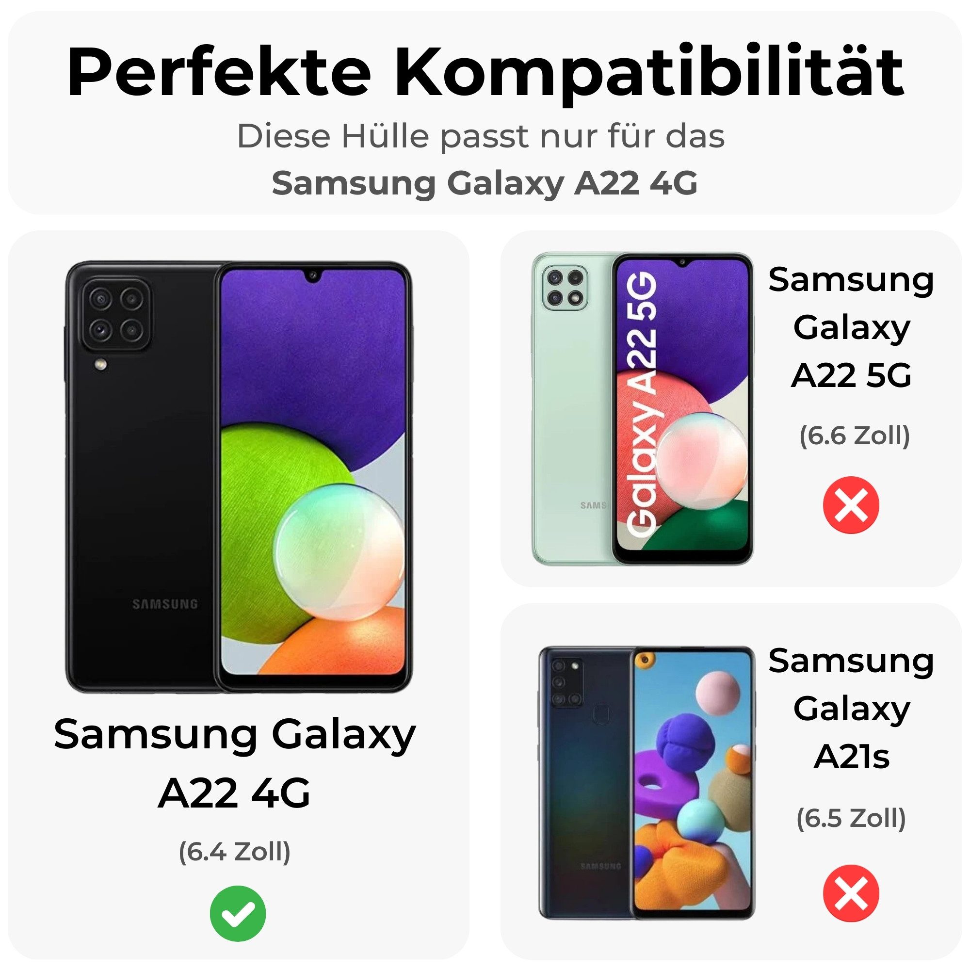betterfon Handyhülle Handytasche für Samsung Galaxy A22 4G Klapphülle, Bookstyle-Hülle: Magnetverschluss 3 Kartenfächer & Standfunktion
