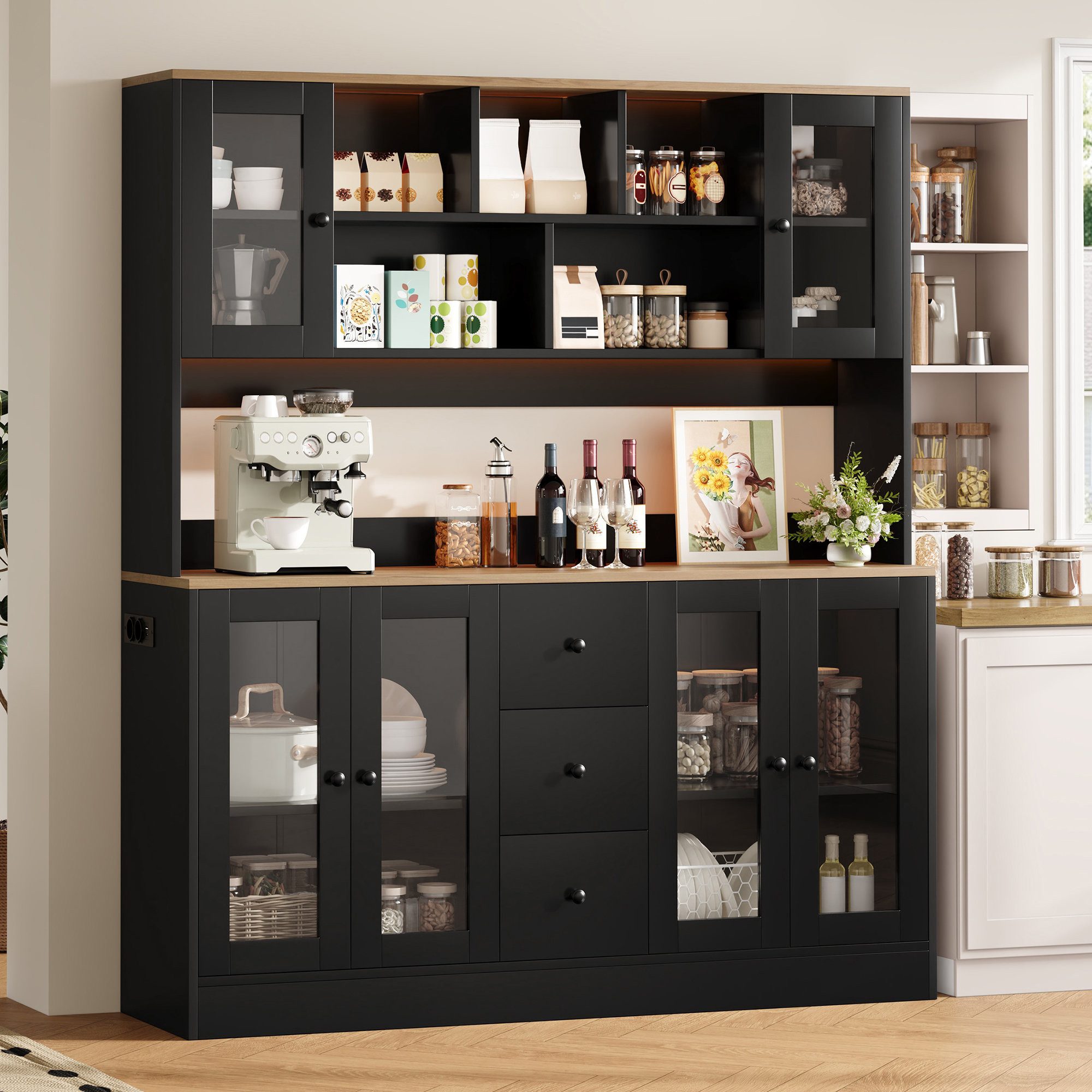 Odikalo Vitrine Vitrinenschrank Küchenschrank LED Acryltüren Schubladen Steckdosen (150×40×173cm Sideboard hoher Aufbewahrungsschrank mit …