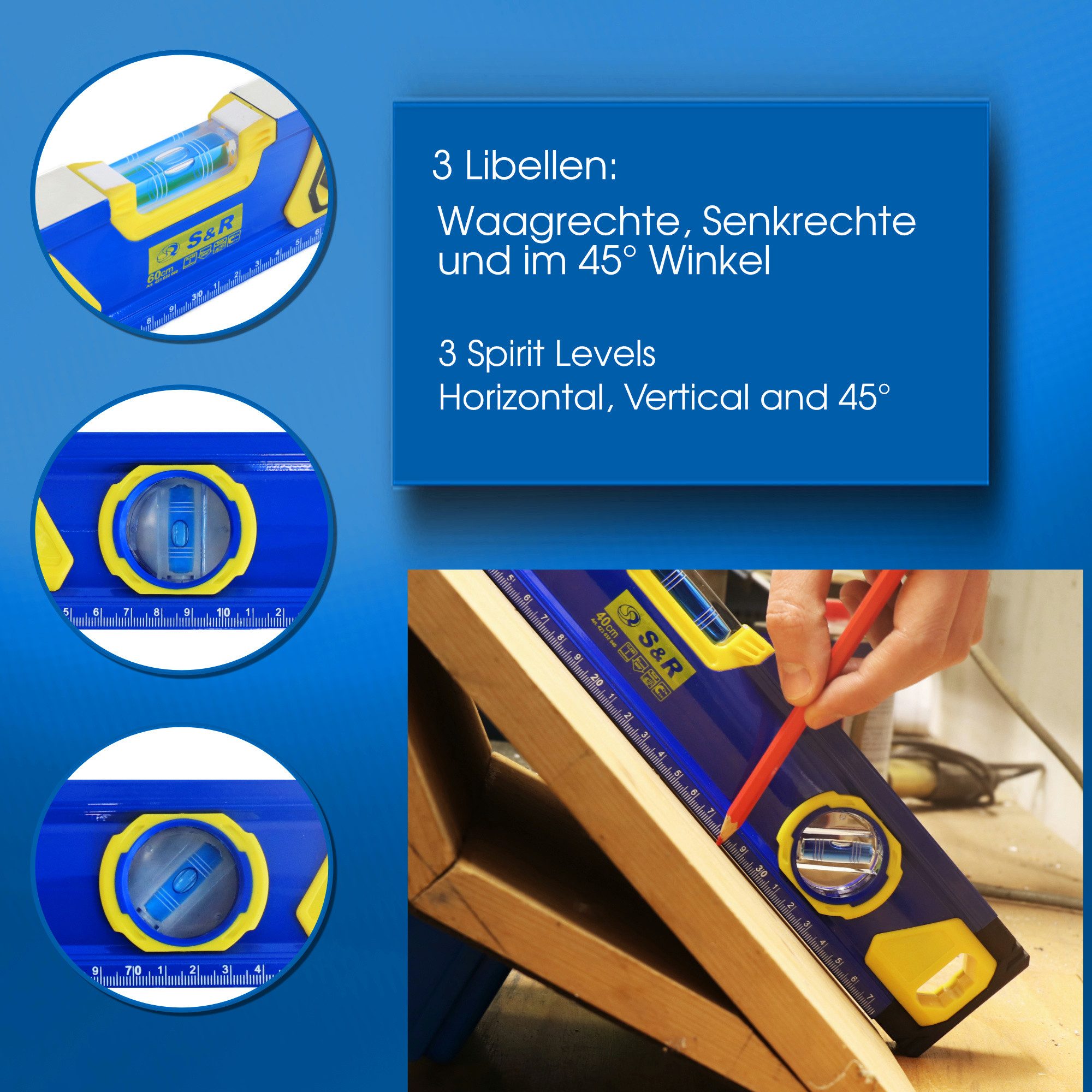 S&R Wasserwaage Aluminium magnetisch mit gut lesbare cm Skala, Genauigkeitsklasse 1, (1 St), 3 stoßfesten Libellen: Waagerechte/Senkrechte / 45 Grad, (80 cm) – Bild 5 von 5