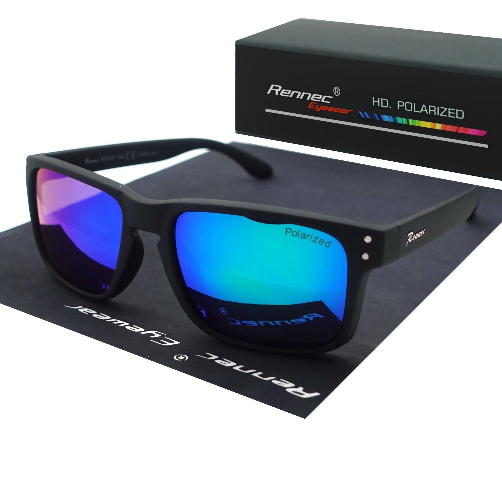 Rennec Sonnenbrille (Herren Markenbrille mit Brillenbeutel) Gläser Polarisiert Grün Blau Verspiegelt stabile 3in2 Bügelgelenke