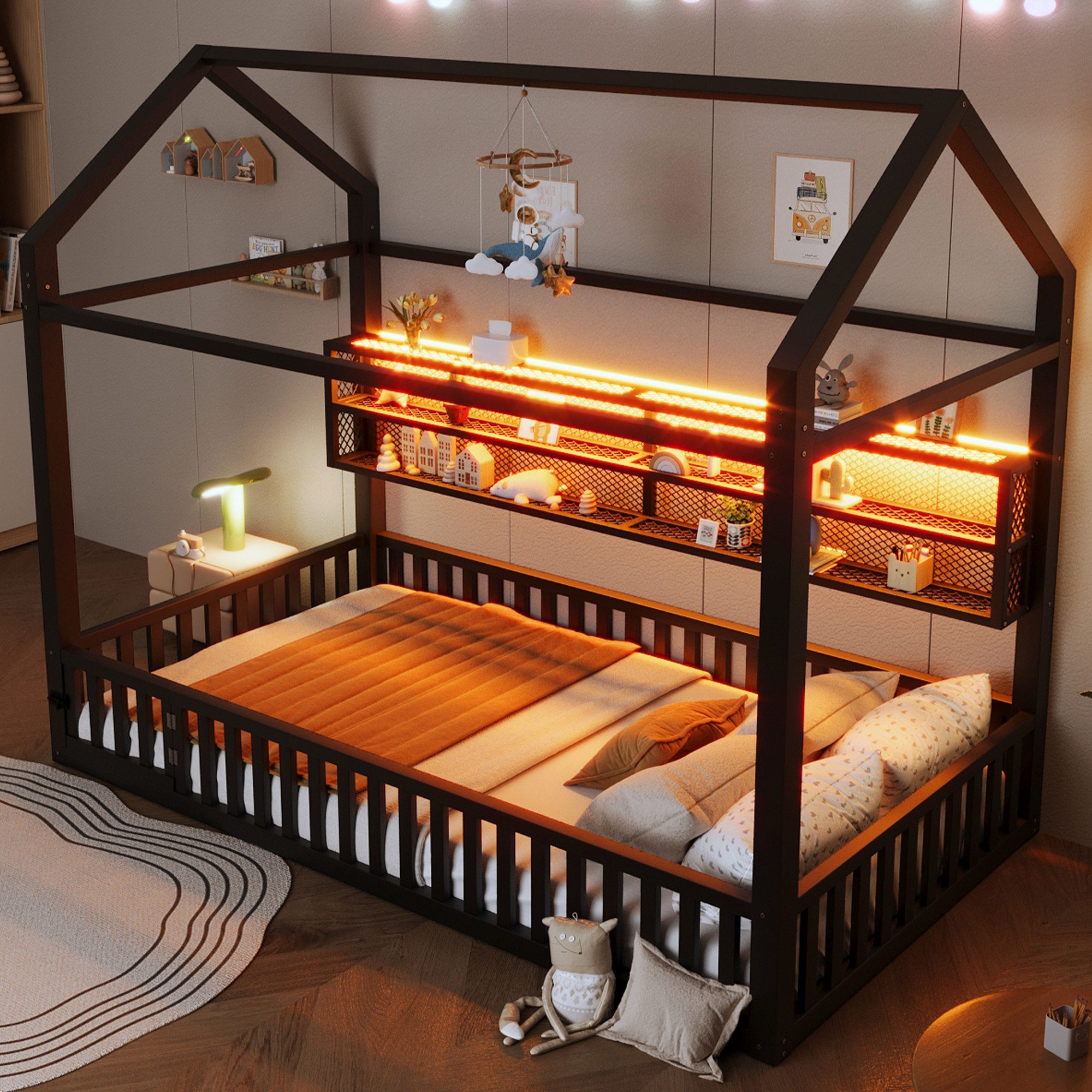 Merax Kinderbett mit LED-Beleuchtung, Plattformbett im Haus-Design (Jugendbett Einzelbett Babybett, 1-tlg., Metallbett), Bodenbett Hausbett 90x200cm mit Ablagefächern, Sicherheitszaun & Tür