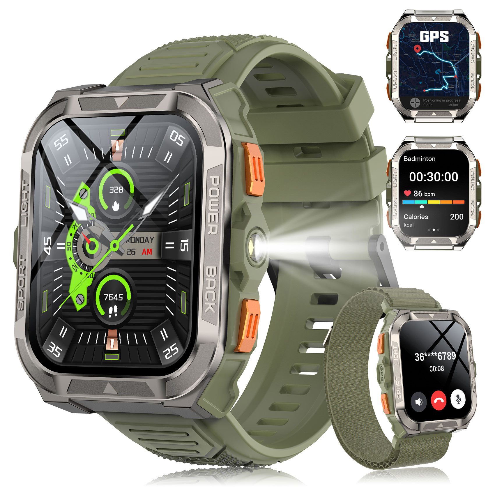 IOWODO Smartwatch Herren W80 Pro–GPS,Kompass 2.0,900mAh Akku,Bluetooth Anrufe Smartwatch Set, mit Wechselband aus weichemSilikon und Ladekabel, 15 Tage Akku,LED-Taschenlampe,SOS,IP68,Für Outdoor&Abenteuer,2 Armband