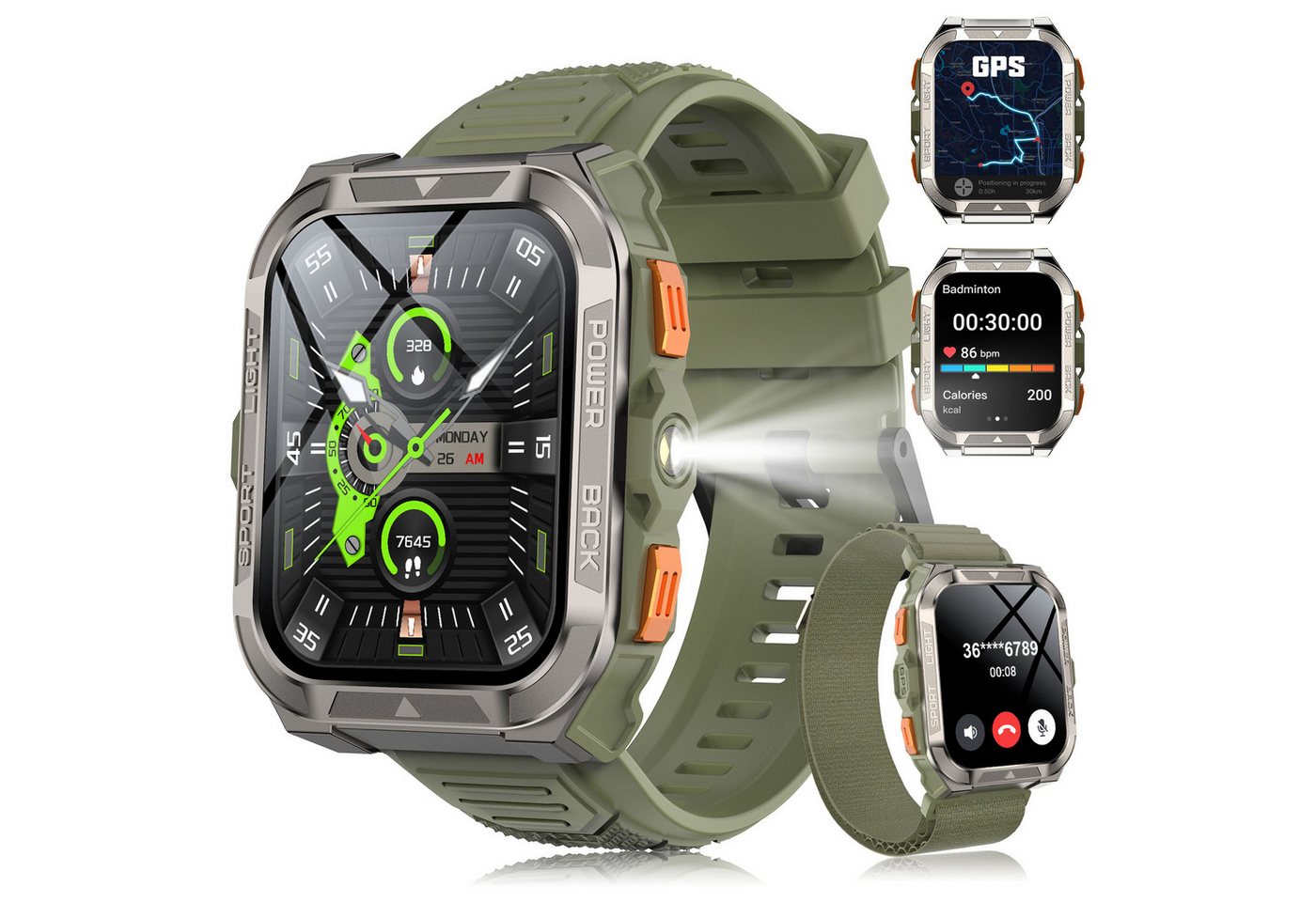 IOWODO Smartwatch Herren W80 Pro–GPS,Kompass 2.0,900mAh Akku,Bluetooth Anrufe Smartwatch Set, mit Wechselband aus weichemSilikon und Ladekabel, 15 Tage Akku,LED-Taschenlampe,SOS,IP68,Für Outdoor&Abenteuer,2 Armband
