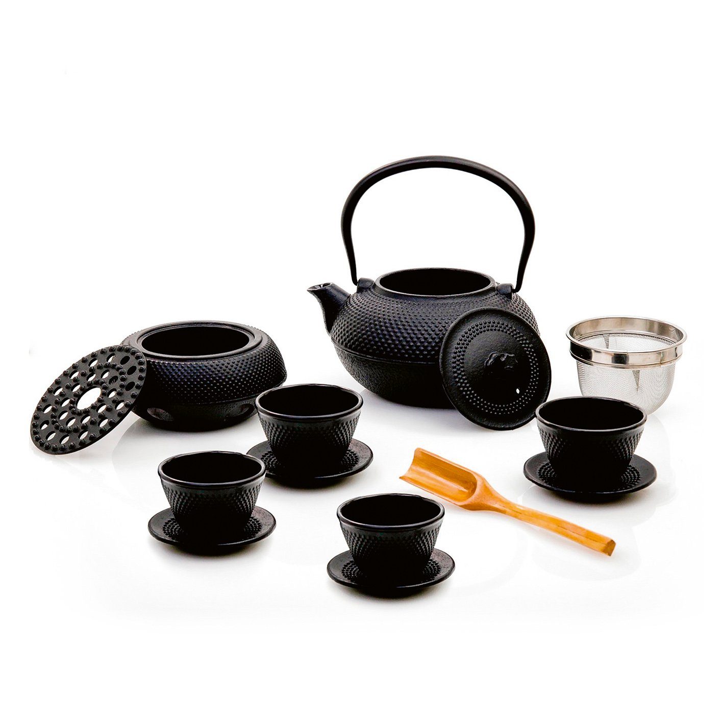 Lumaland Geschirr-Set gusseisernes 8-teiliges Tee-Set Dosierlöffel, 2 Stövchen, Tradition (8-tlg), Sieb Teebecher und asiatischer
