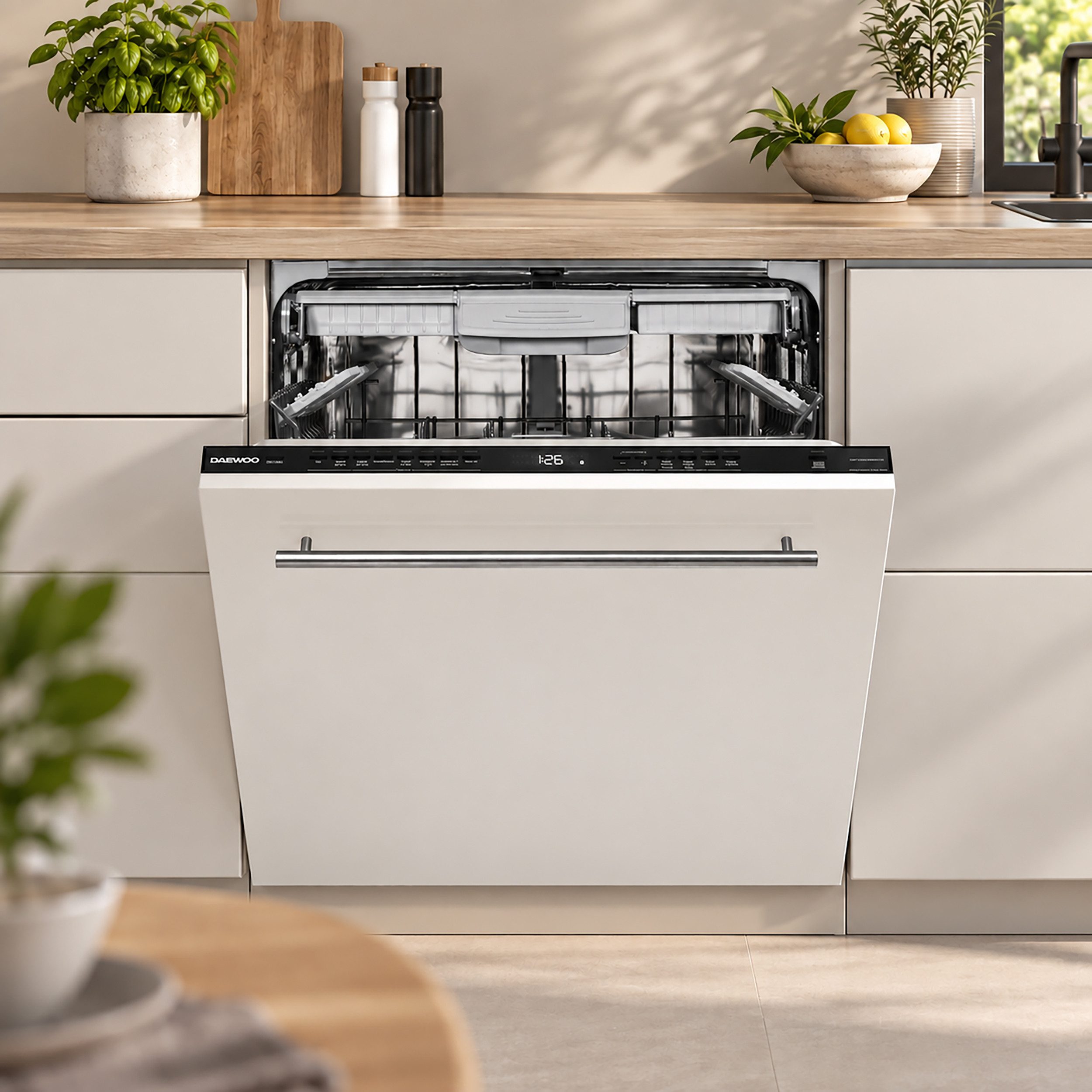 Daewoo vollintegrierbarer Geschirrspüler DBFS33N49E61-DE, 9 l, 16 Maßgedecke, Einbau Spülmaschine vollintegriert 60 cm, 9 Programme, AquaStop, 49 dB – Bild 3 von 5