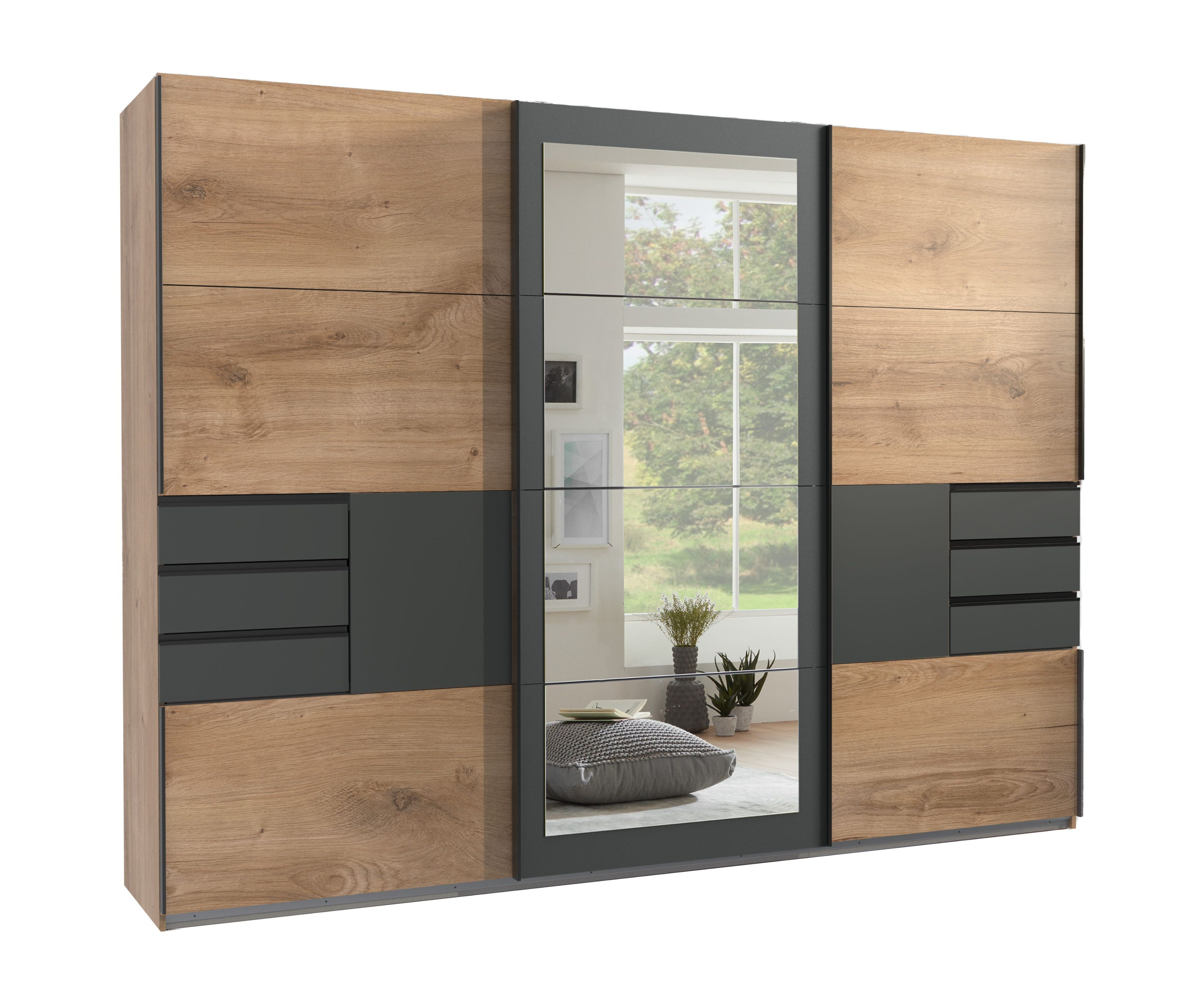 luma-home Schwebetürenschrank 22503 (B270/H208/T64 cm Kleiderschrank mit Vollausstattung, schwarzen Griffleisten) 6 sichtbaren Schubladen,Rahmenspiegel, Eiche Dekor m.Absetz. in Grafit