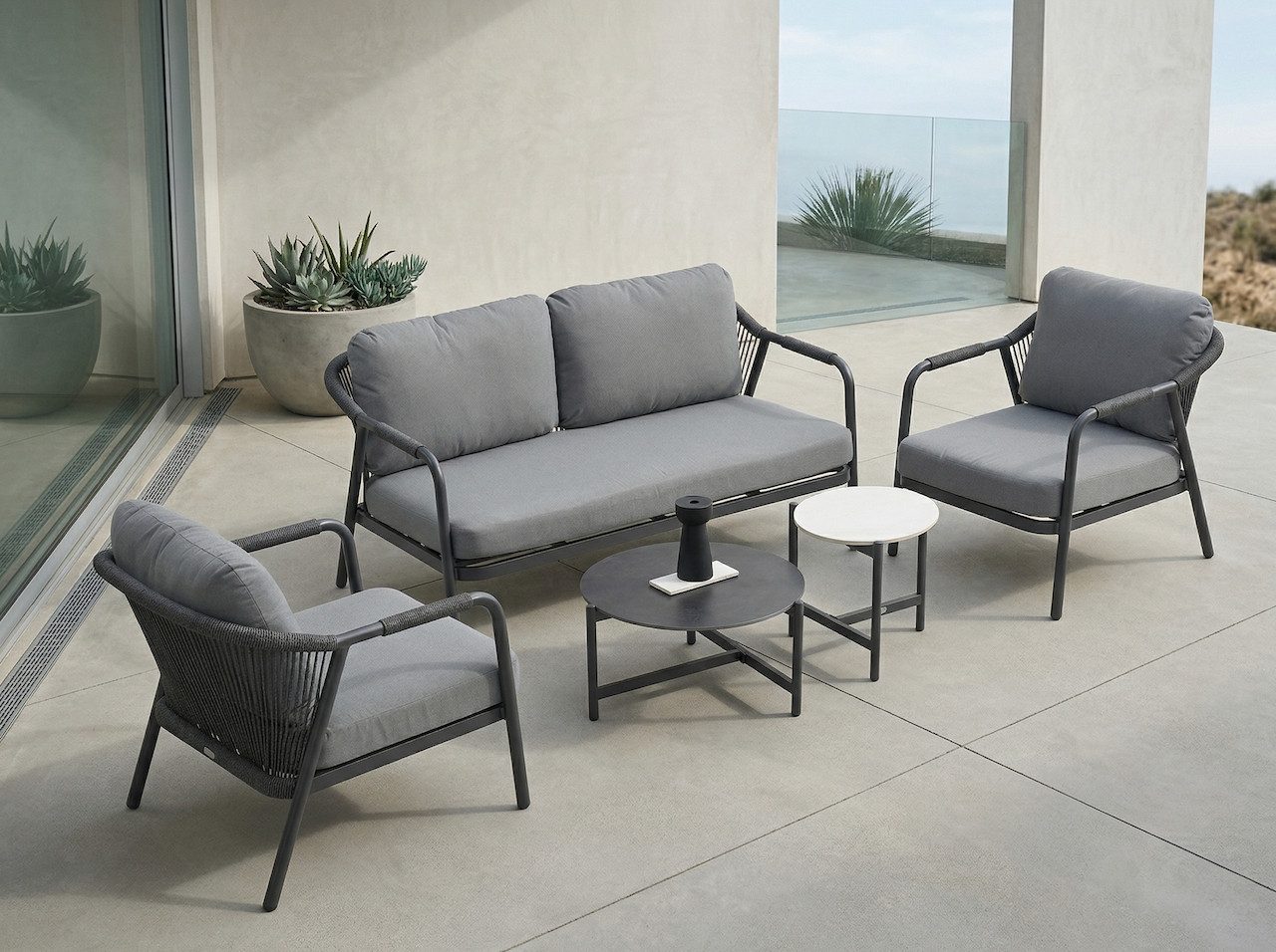 Focus Garden Gartenlounge-Set "GRAFTON CAFFE" 2-Sitzer + 2 Sessel + 2 Tische, Geflochtene Lehnen, (5-tlg), Geflecht Gartenmöbel-Set, Rope