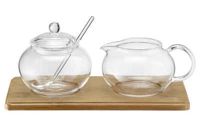 Weis Milchkännchen Zucker-/Sahne Set Glas mit Bambus Tablett