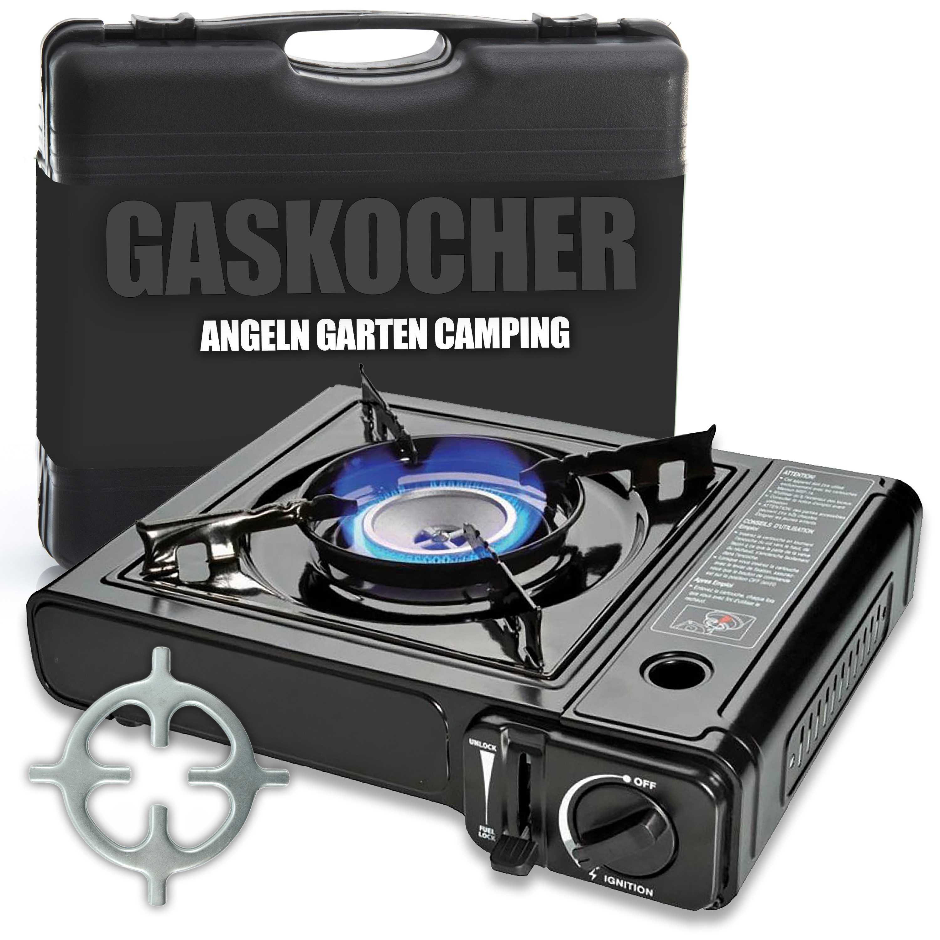 TruWare Gaskocher Campingkocher mit MSF-1A Kartuschen – 1-flammiger Camping Gaskocher, (4, 8 oder 12 Kartuschen, 2,1 kW + Herdkreuz, für Outdoor, Stromausfall & Notfälle)