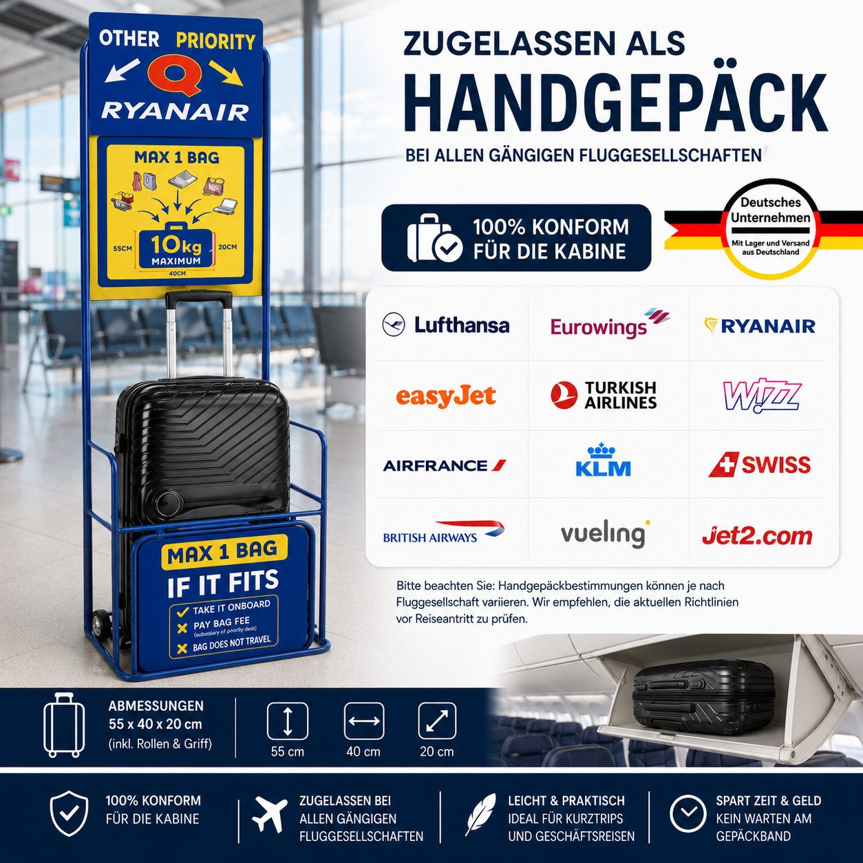 Weissmantel Handgepäckkoffer Handgepäck Koffer 55x40x20 - Handgepäckkoffer Trolley mit Hartschale, Leichter Koffer Klein, Kabinengepäck Handgepäck Hartschale