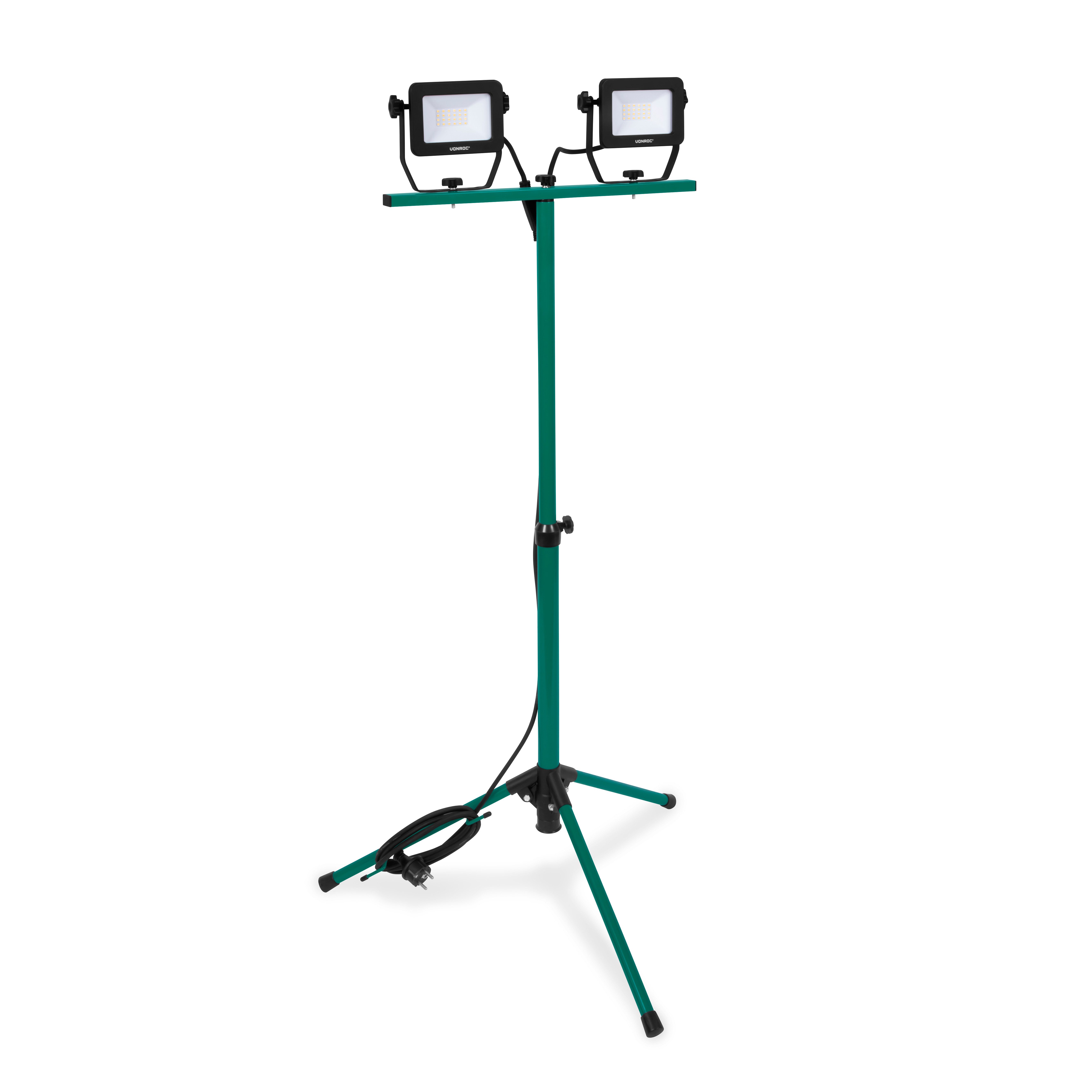 VONROC LED Arbeitsleuchte mit Verstellbarem Stativ, LED fest integriert, 2x 20W – 3200 Lumen – drehbar und kippbar