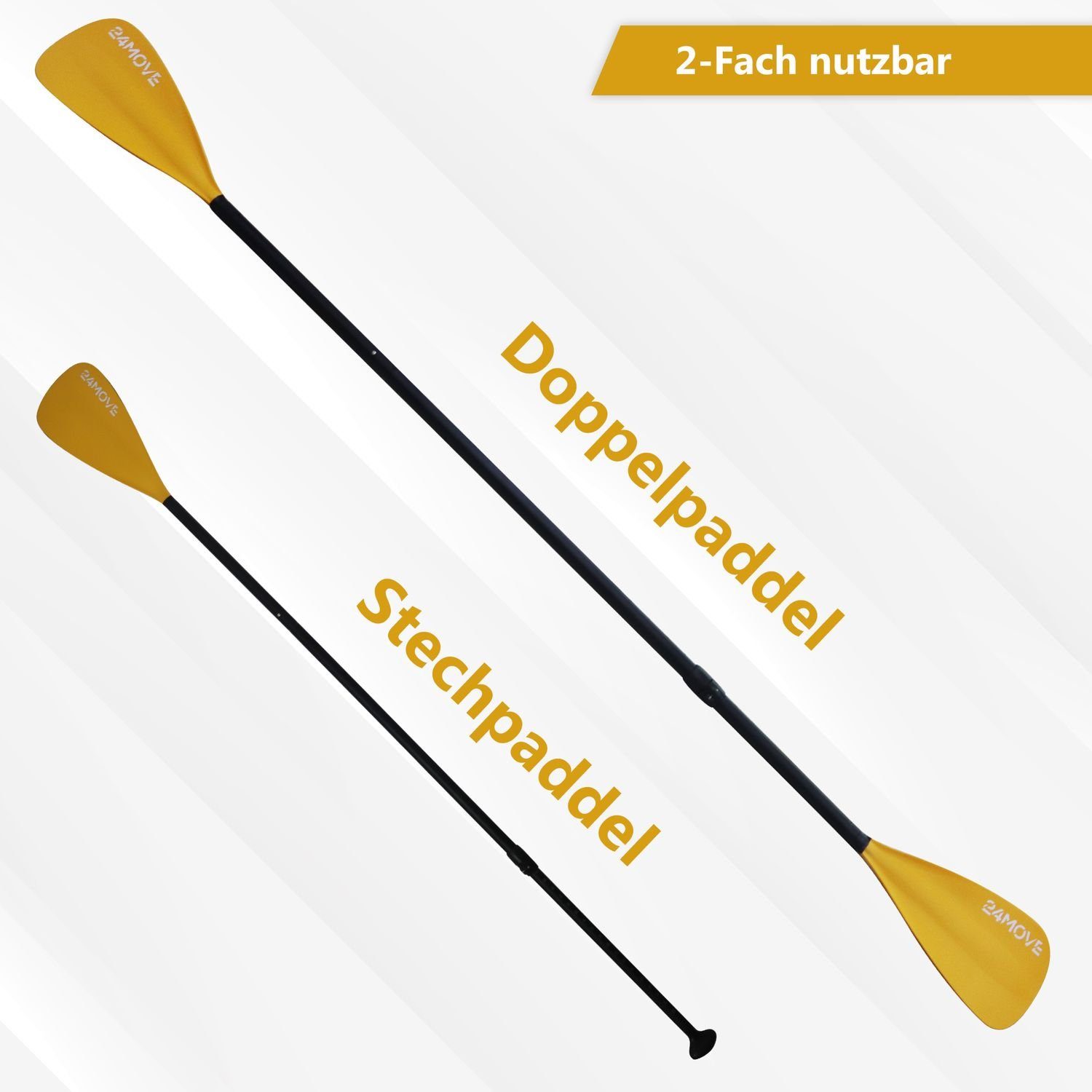 24Move Doppelpaddel, Premium Stand Up Paddle Aluminium, verstellbar, 4-teilig SUP-Paddel, (2 in 1 Paket, als Einzelpaddel oder Doppeltes Paddel, orange), für Paddelboards, Kajakboot und Ruderboot, universell einsetzbar