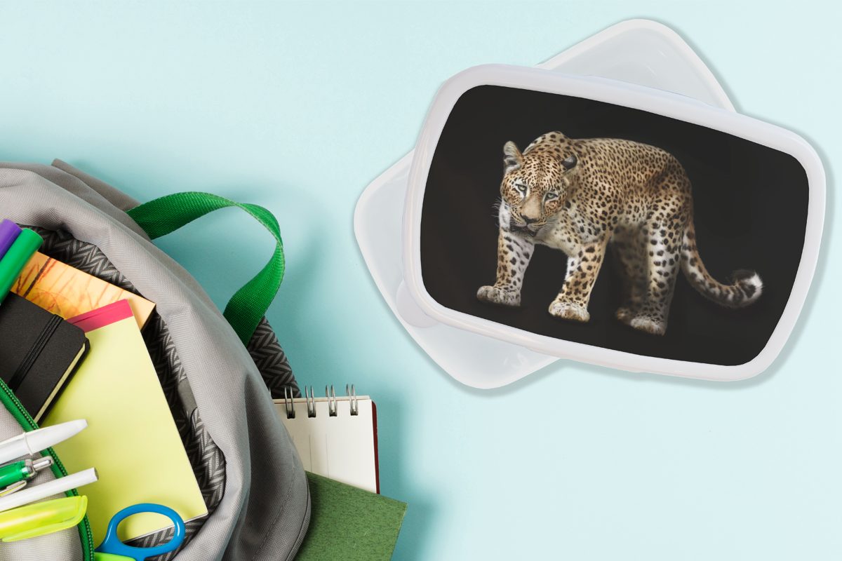 MuchoWow Lunchbox Leopard Mädchen weiß - für Kunststoff, Schwarz, und Brotbox Jungs für Erwachsene, Brotdose, (2-tlg), und Kinder - Wild