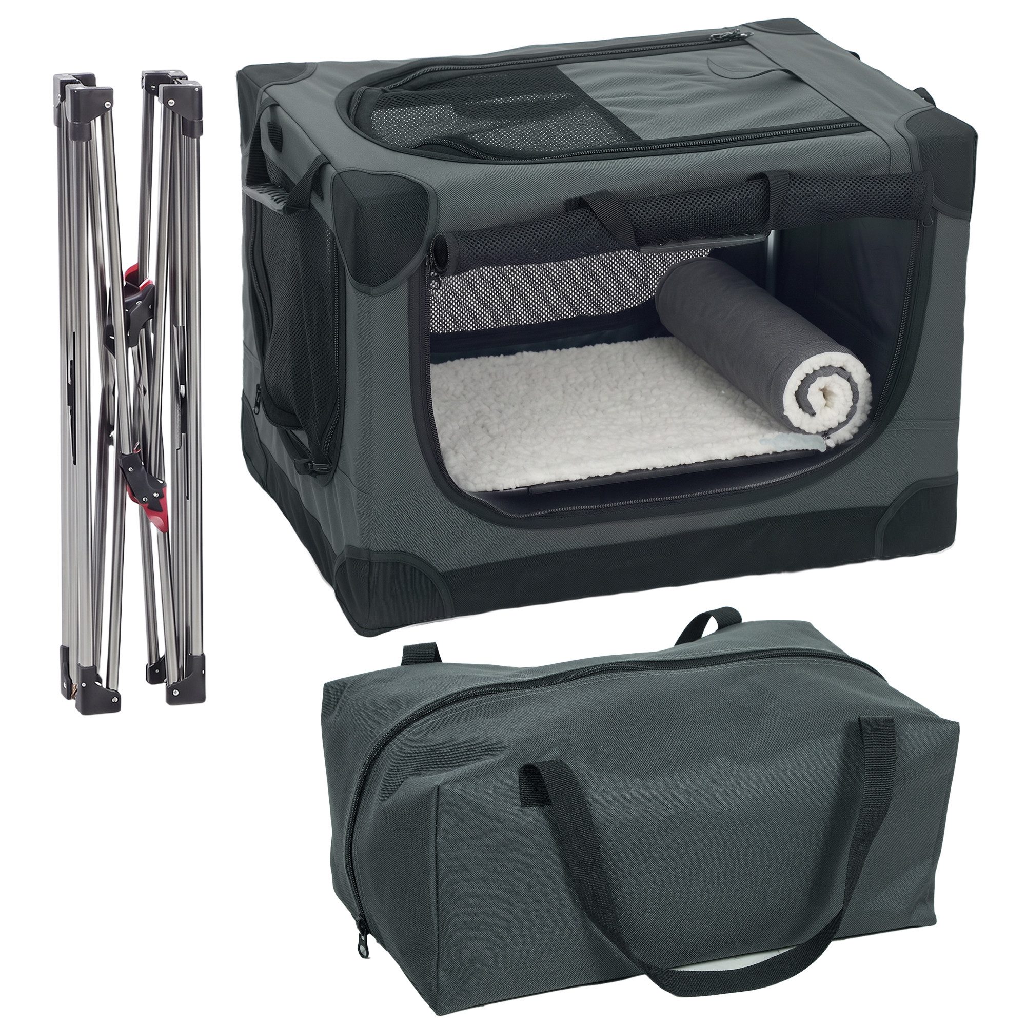 PawHut Tiertransportbox Hundebox faltbar 60x42x43cm Hundetransportbox mit Kissen bis 4 kg, Transportbox aus 600D Oxford-Gewebe für Reise & Auto Armeegrün