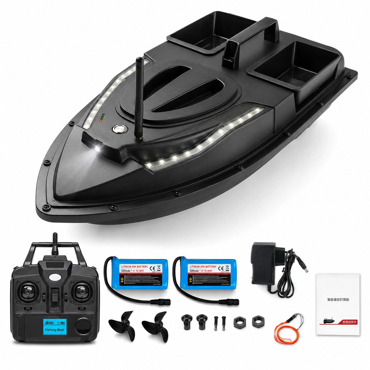 Tekoo RC-Boot RC Futterboot für Angler Köderboot mit Doppelakku & 2 Kammern (Set, Futterboot-Komplettset inklusive Akkus und Zubehör), zweigeteilter Futterbehälter