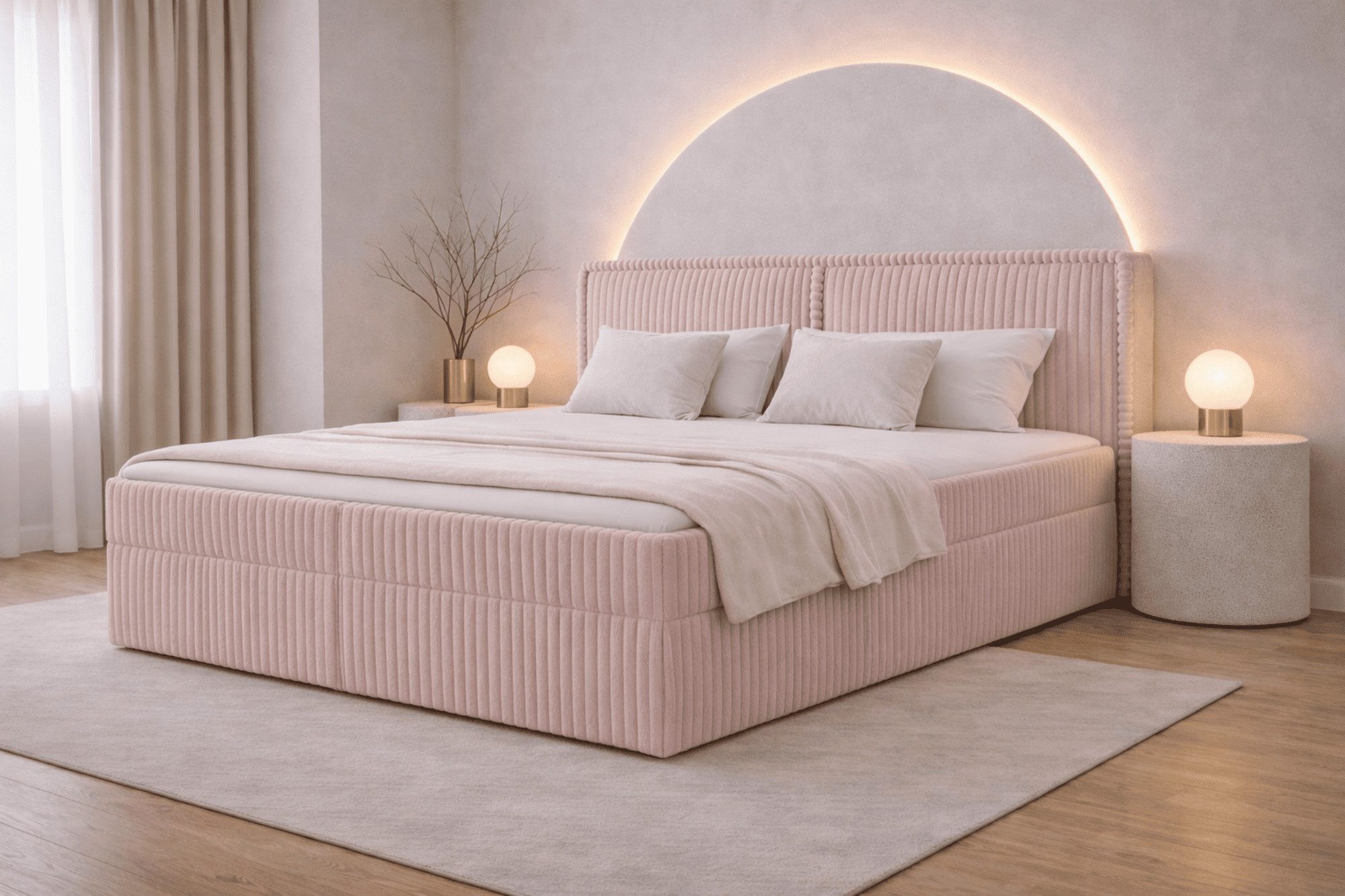 MOEBLO Boxbett Bett 04 (Bonnell + Topper, Doppelbett gepolstertes Kopfteil Bett mit Bettkasten, aus Cord, Polsterbett Kontinentalbett), (BxHxT):143/163/183x113x214cm