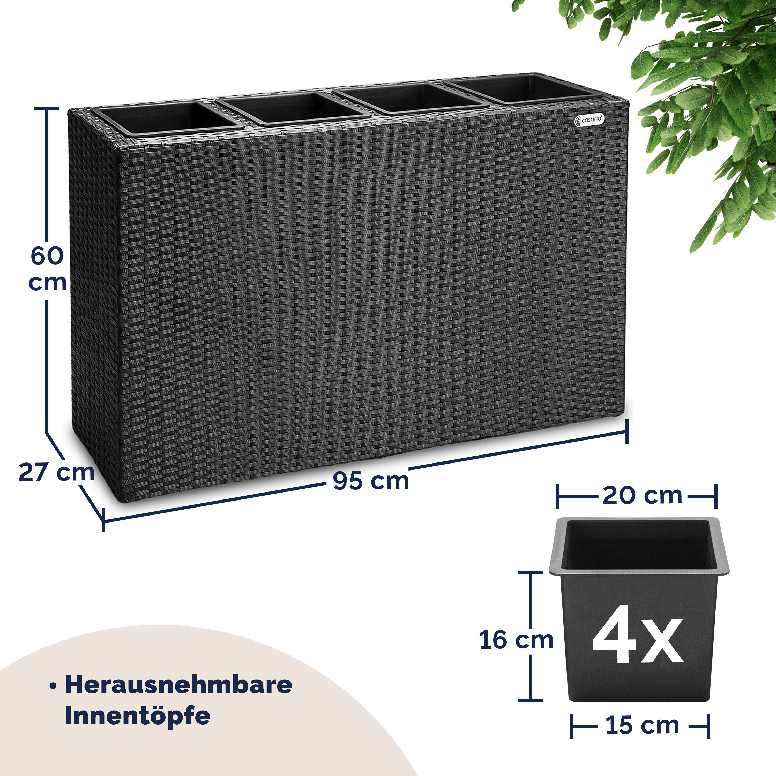 Casaria Pflanzkübel, 4 Innentöpfe Herausnehmbar Polyrattan 95x27x60cm Blumentopf Schwarz