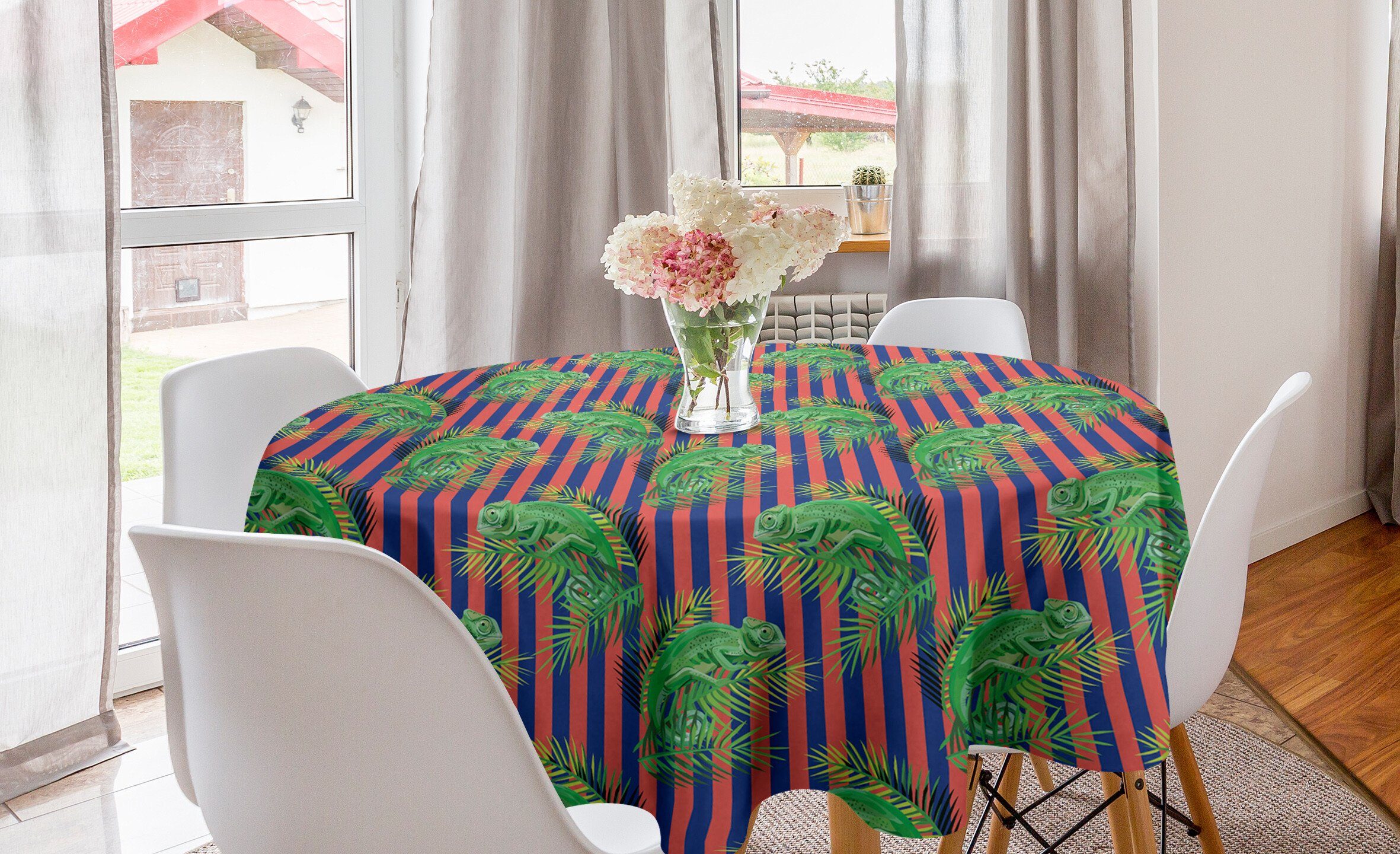 Abakuhaus Tischdecke Kreis Tischdecke Abdeckung für Esszimmer Küche Dekoration, Exotisch Chamäleon mit Palm Stripes