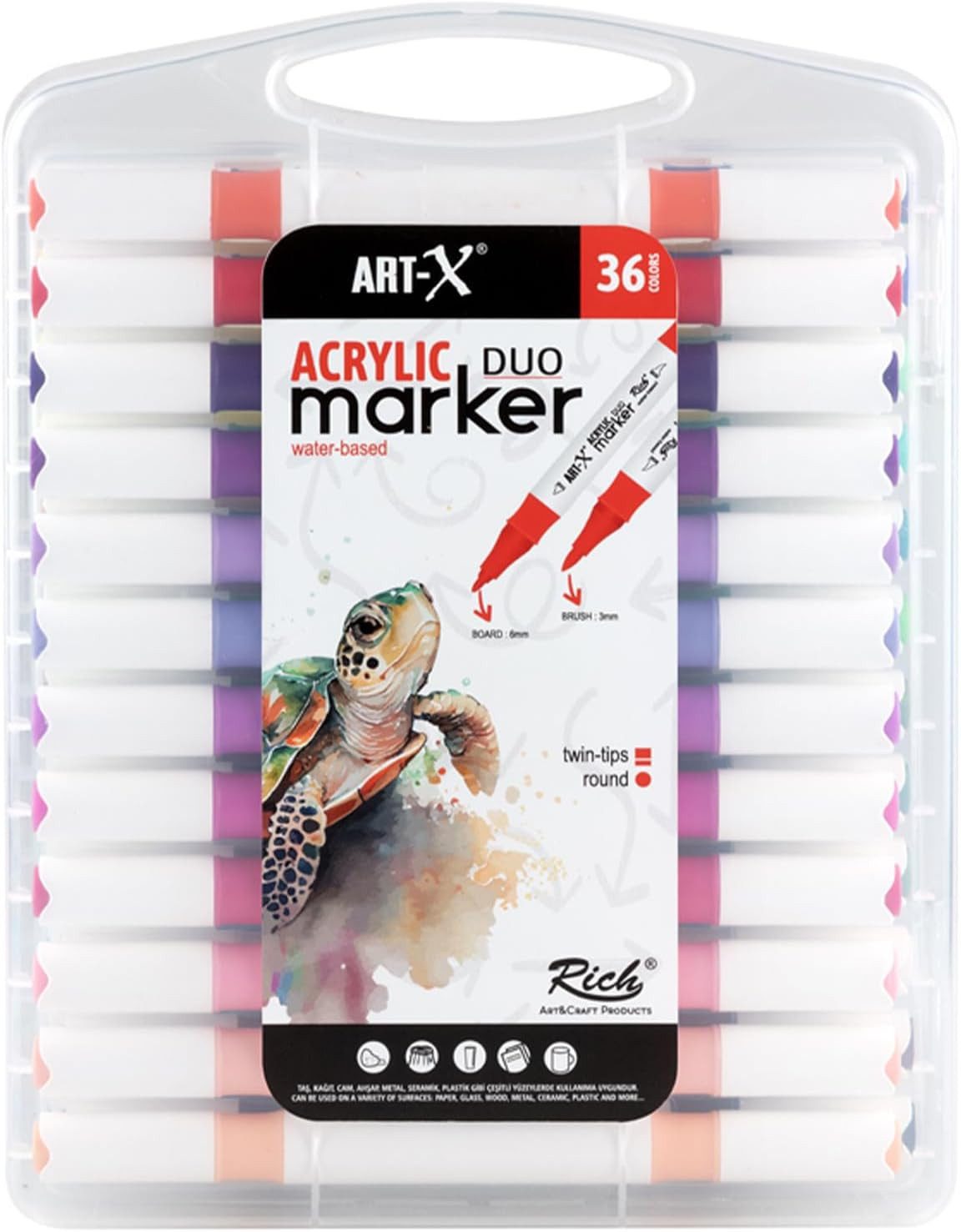 ART-X Marker Acryl Marker Set - 36 Farben, Doppelspitzen, Für Profis & Künstler, (Doppelspitzen-Marker-Set, 36 Farben, doppelseitig mit feiner und breiter Spitze), Wasserbasis; Ungiftig; Schnelltrocknend; Doppelseitig