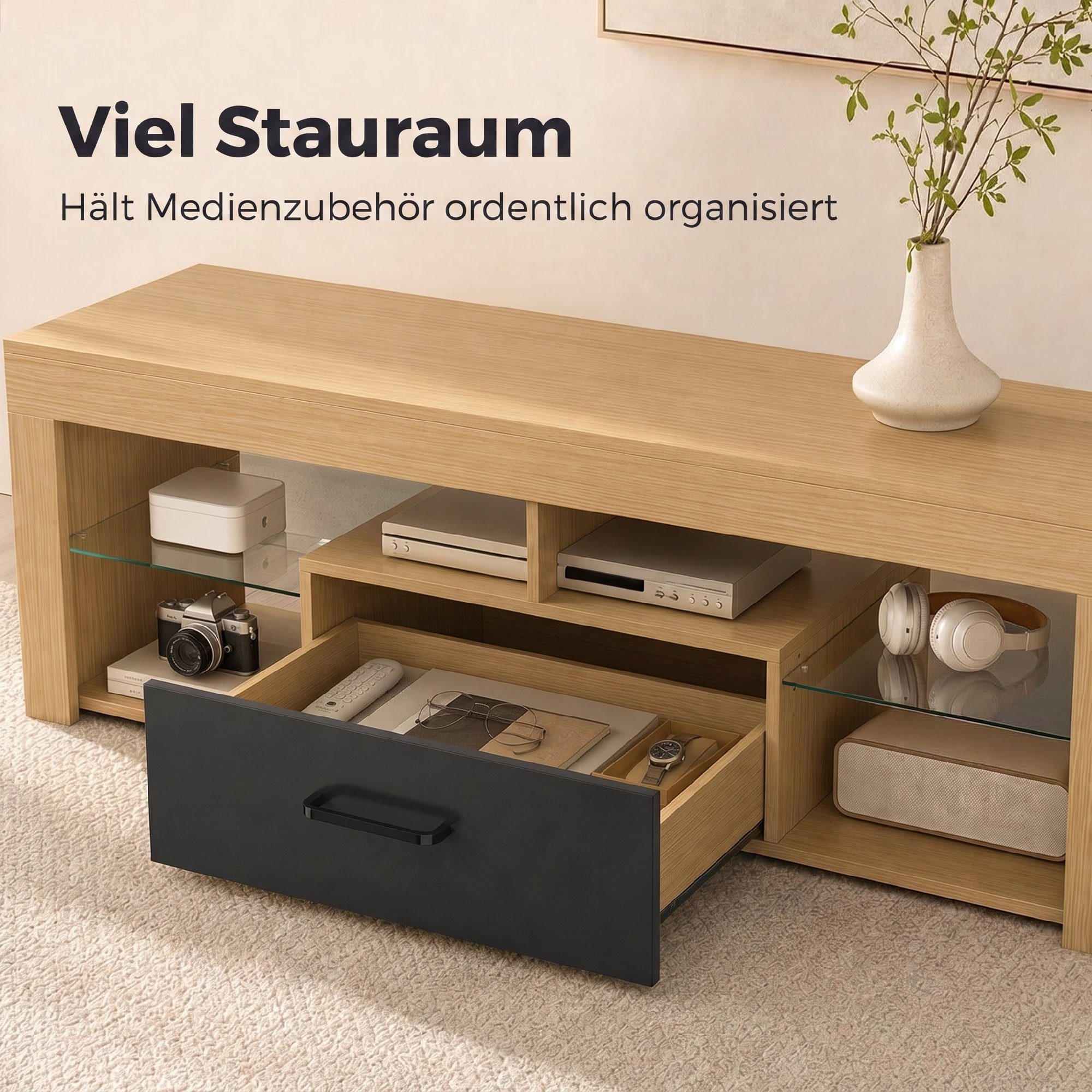 HOMCOM TV-Board mit offenen Fächern und Schublade (Set, 1 St., 1 TV-Lowboard), TV-Lowboard 140 cm, Glasböden verstellbar – Bild 5 von 5