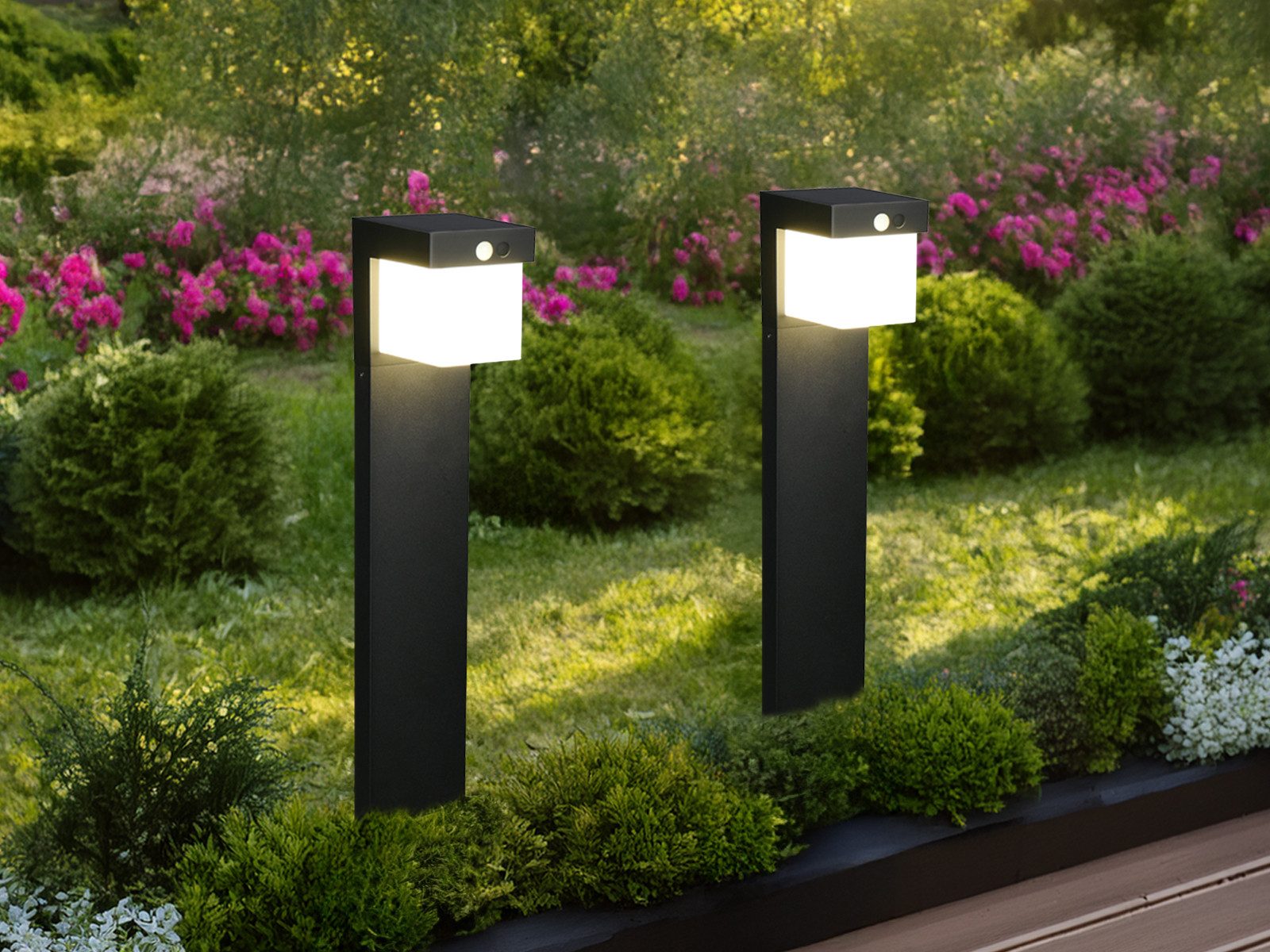 Reality Leuchten LED Pollerleuchte, Bewegungsmelder, LED fest integriert, Neutralweiß, 2er SET Hybrid Außen Wegbeleuchtung mit Strom und Solar, Höhe 50cm