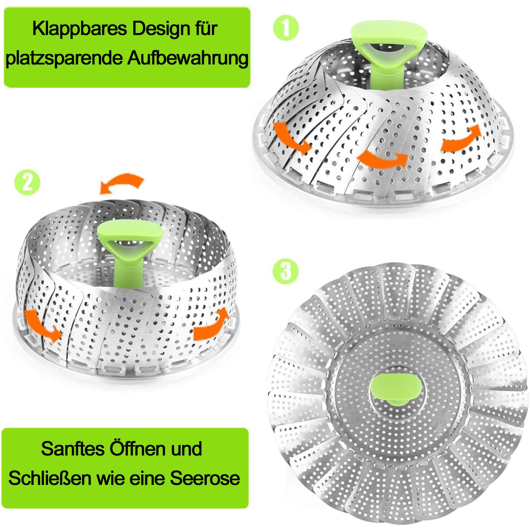 Mutig Dampfgartopf Edelstahl Dampfgarer Einsatz, Dämpfkorb mit Anti-Verbrühungs-Griff, Edelstahl (faltbarer Dünsteinsatz mit rutschfesten Beinen, verstellbar, rostfrei, spülmaschinengeeignet), für Gemüse und Obst, Ø 23 / 28 cm
